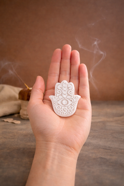 Selenite Hamsa Negative Energy Block Table Accent