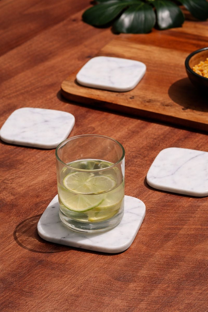 Square White Marble Coasters - Minimal Luxury Tabletop Décor (Set of 4)