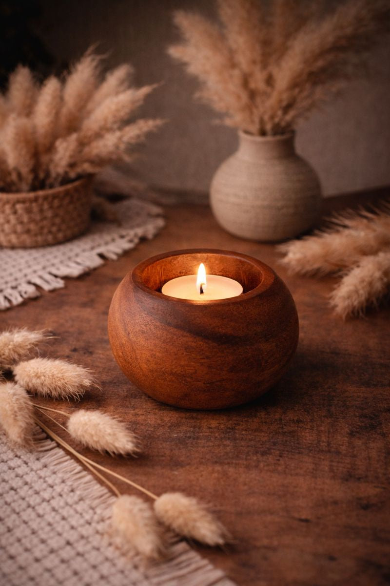 Wooden T-Light Candle Holder - Round Minimal Décor