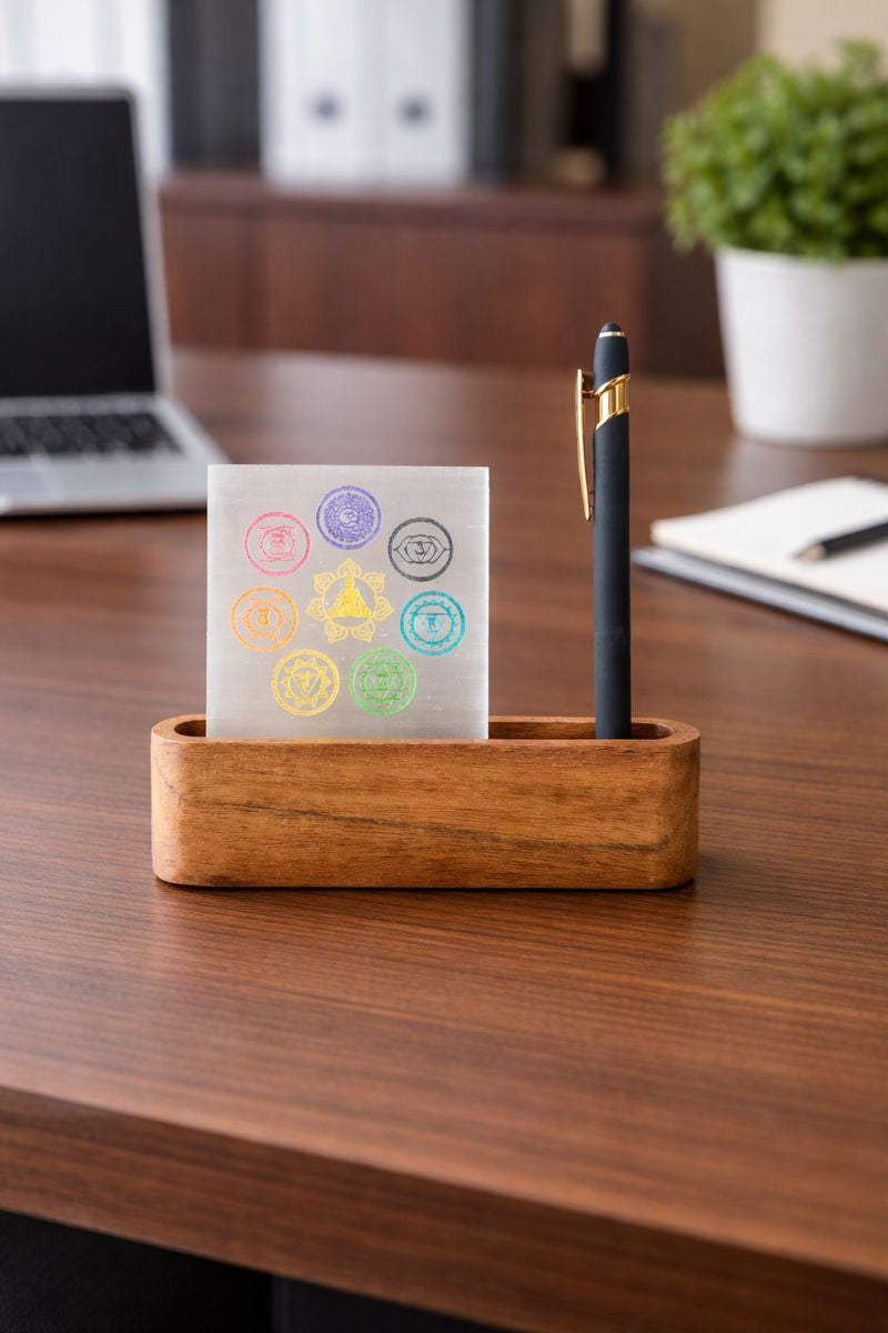 Wooden 7 Chakra Card Holder - Spiritual Décor & Desk Accessory
