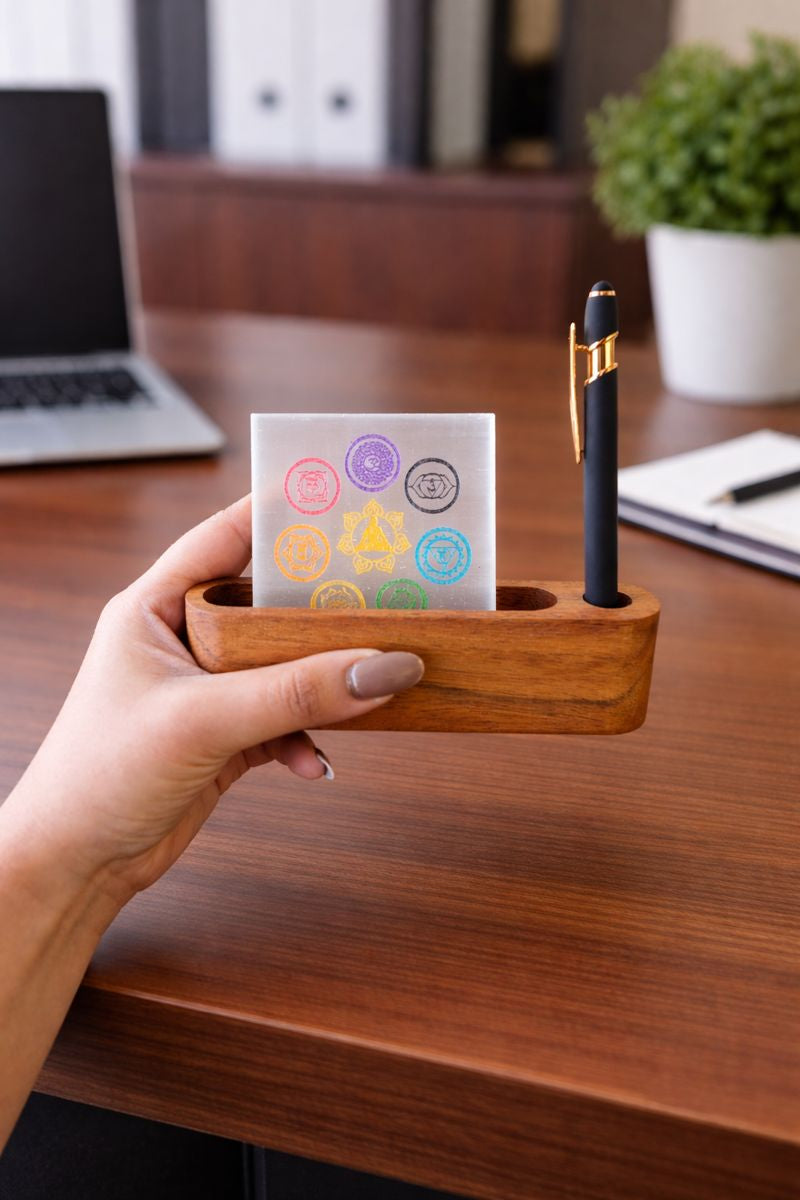 Wooden 7 Chakra Card Holder - Spiritual Décor & Desk Accessory