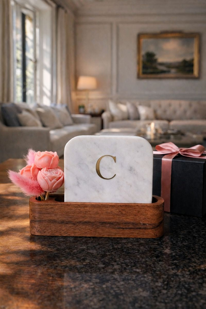 Personalised Name Initial Marble Décor Candle Bouquet Gift Set