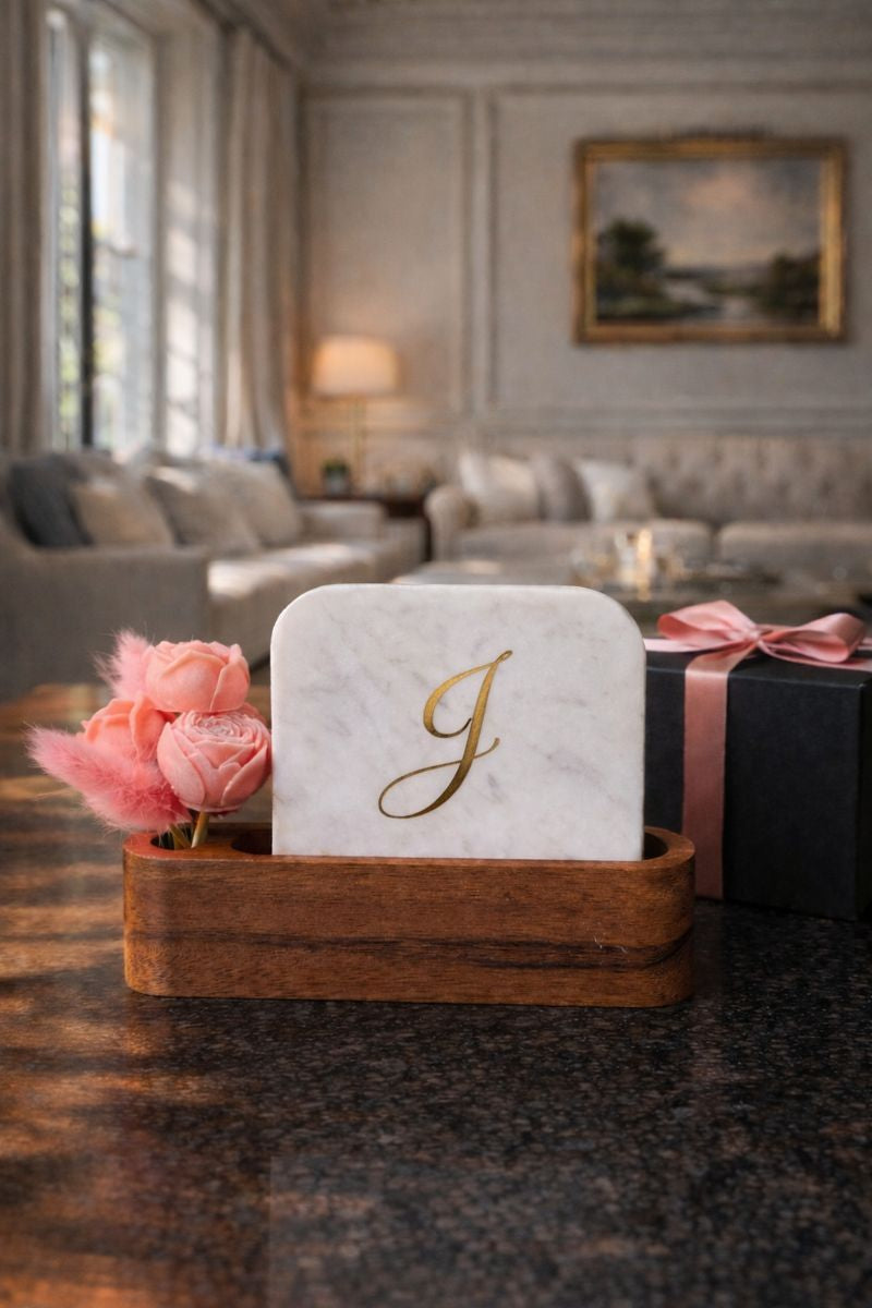 Personalised Name Initial Marble Décor Candle Bouquet Gift Set