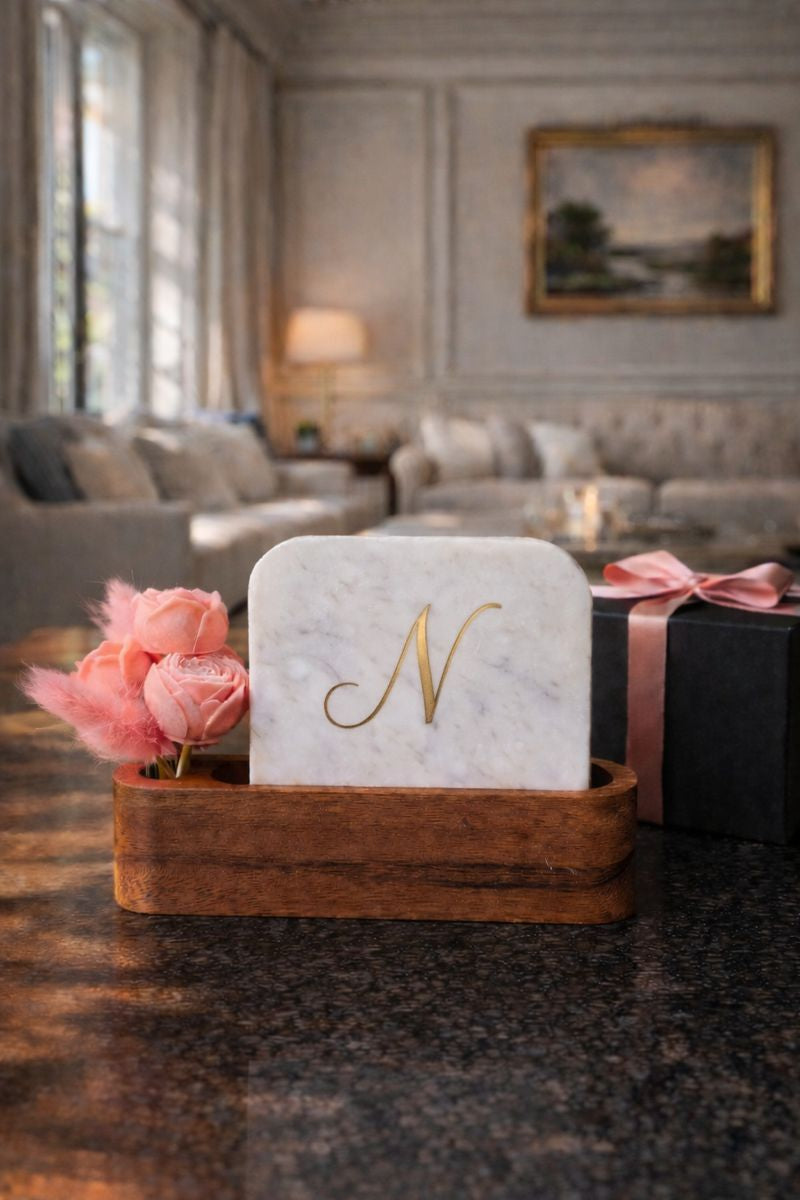 Personalised Name Initial Marble Décor Candle Bouquet Gift Set