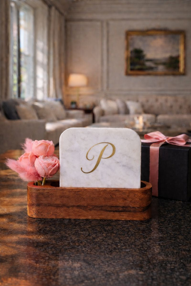 Personalised Name Initial Marble Décor Candle Bouquet Gift Set