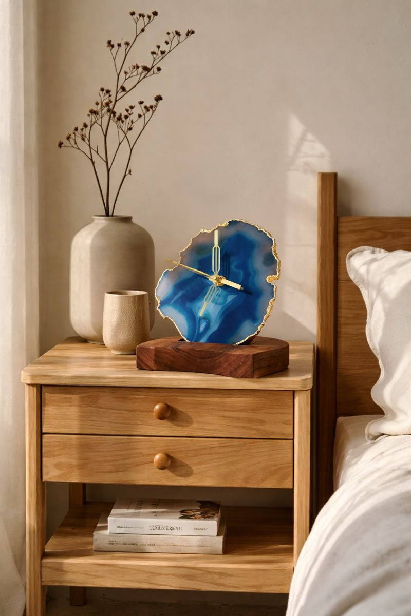 Agate Table Clock - Turquoise Gemstone Gold Plated