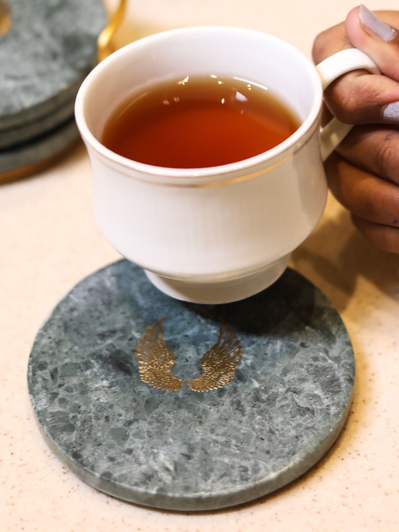 Coaster Set of 4 - Green Marble Angel Wings