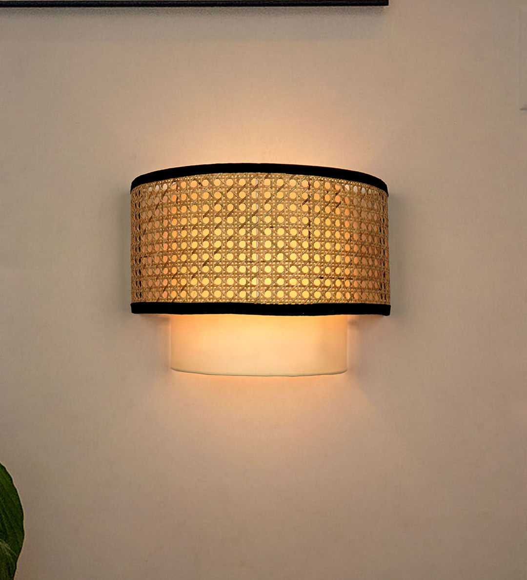 Concentric Cane & Fabric Half Drum Shade Contemporary Single Wall lamp