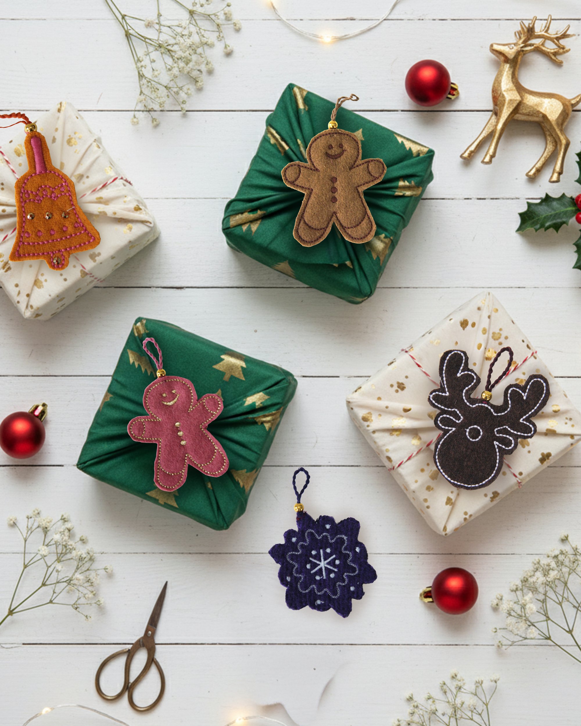 Christmas Fabric Gift Wraps and 3D Charms - Set of 5