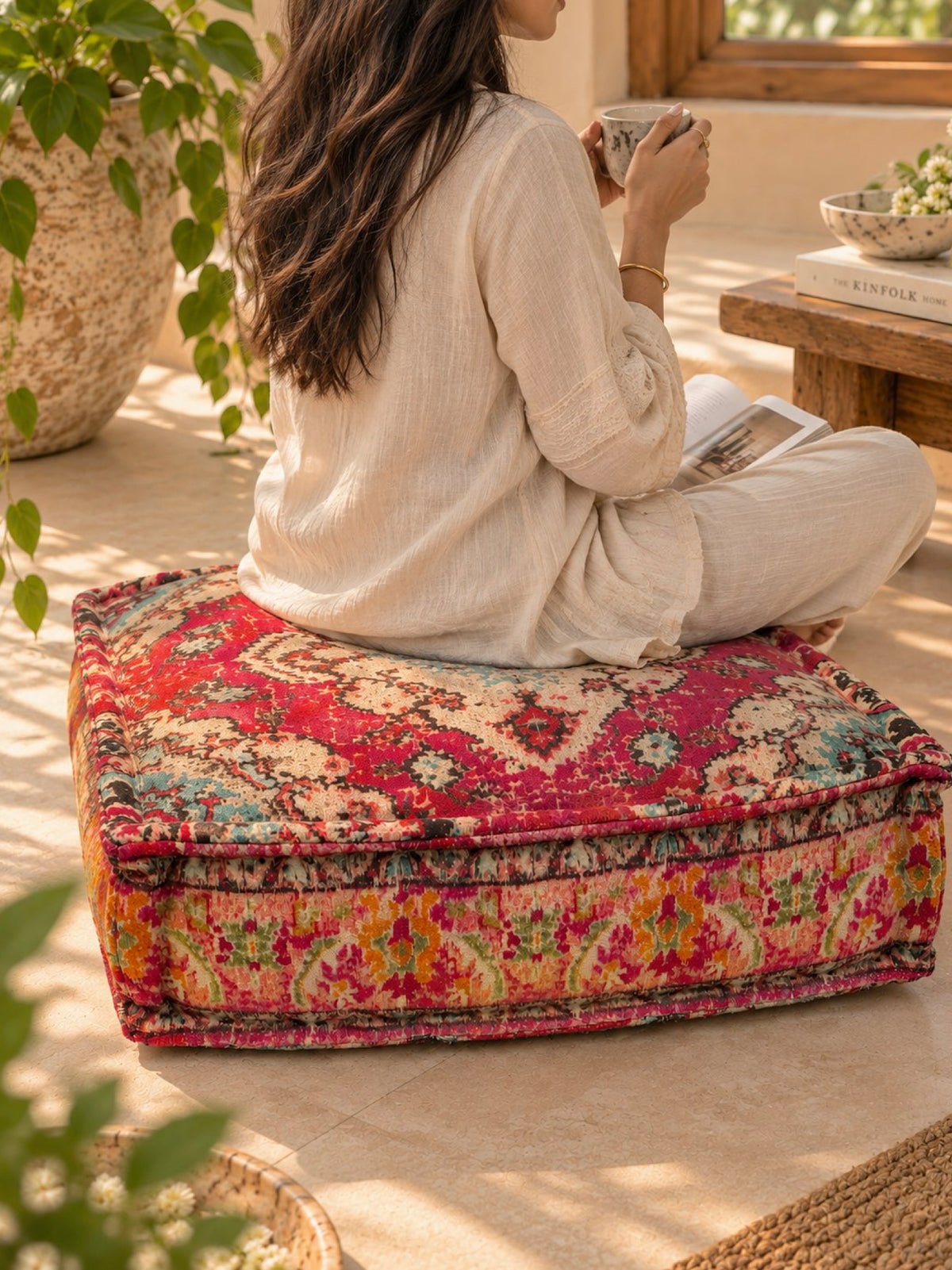 Crimson Heirloom Square Pouffe or Floor cushion
