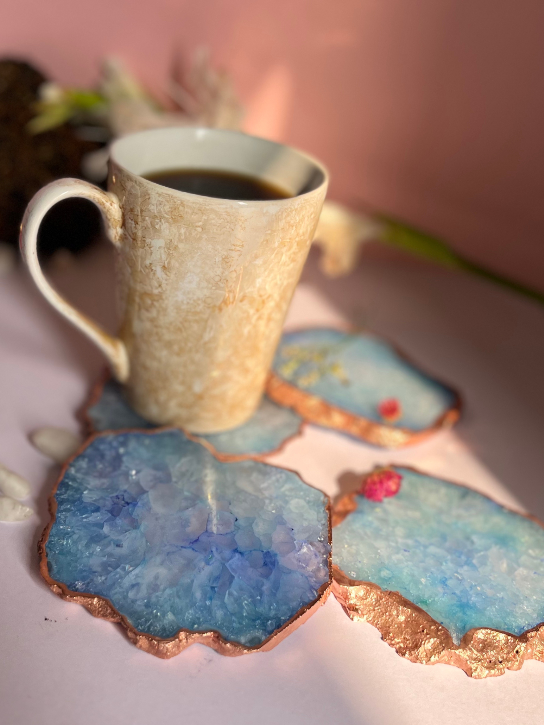 Crystal  Agate with Rose Gold Edging Coaster Set