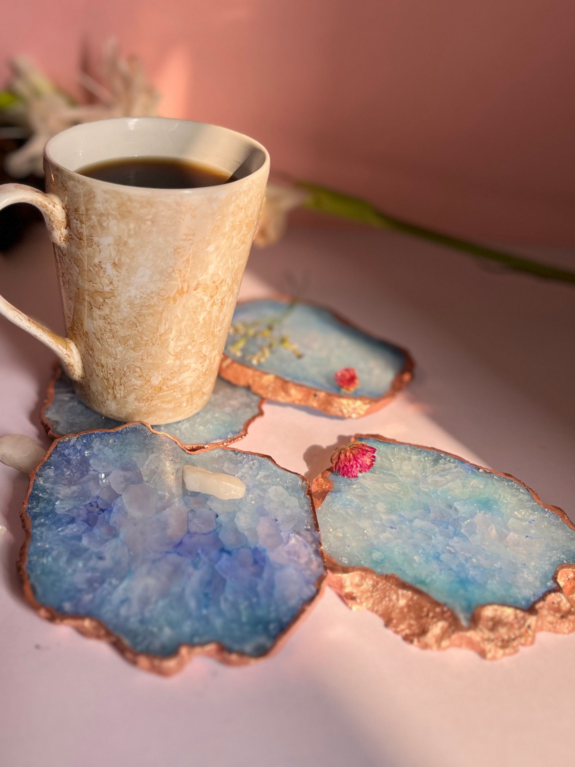 Crystal  Agate with Rose Gold Edging Coaster Set