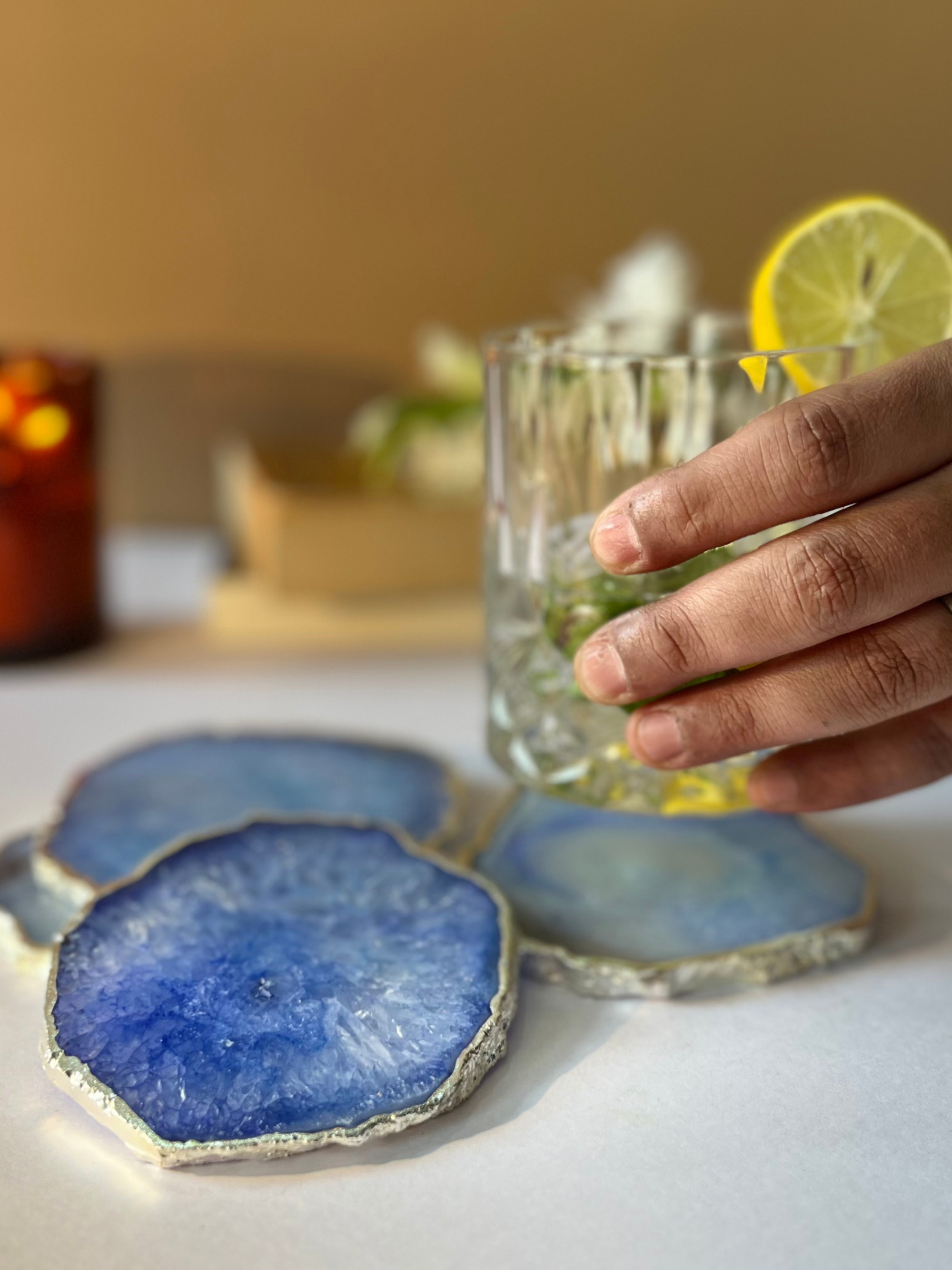 Crystal  Agate with Silver Plated Coasters Set