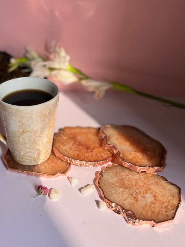 Crystal  Agate with Rose Gold Edging Coaster Set