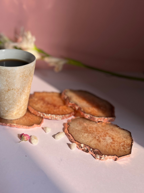 Crystal  Agate with Rose Gold Edging Coaster Set