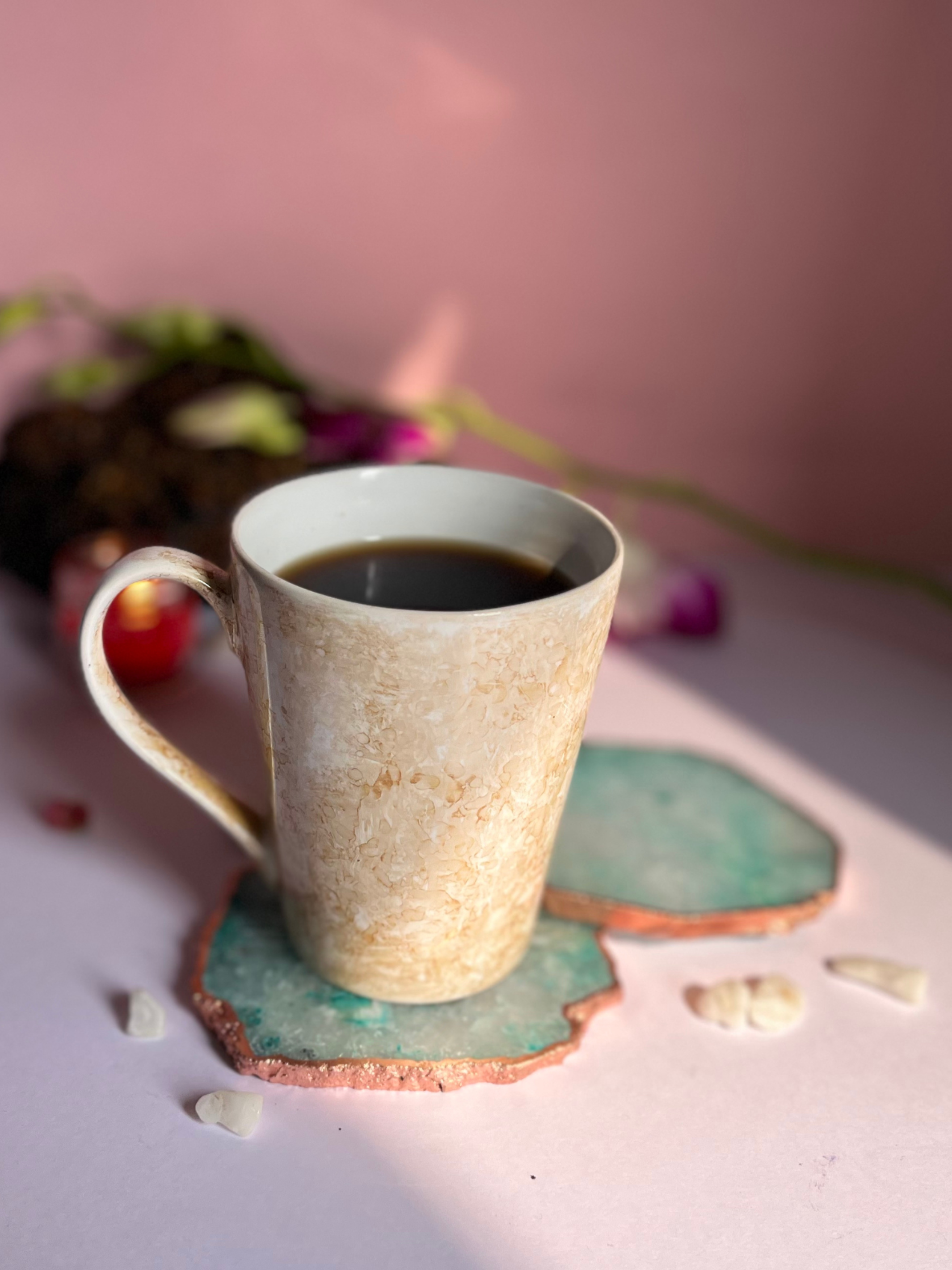 Crystal  Agate with Rose Gold Edging Coaster Set