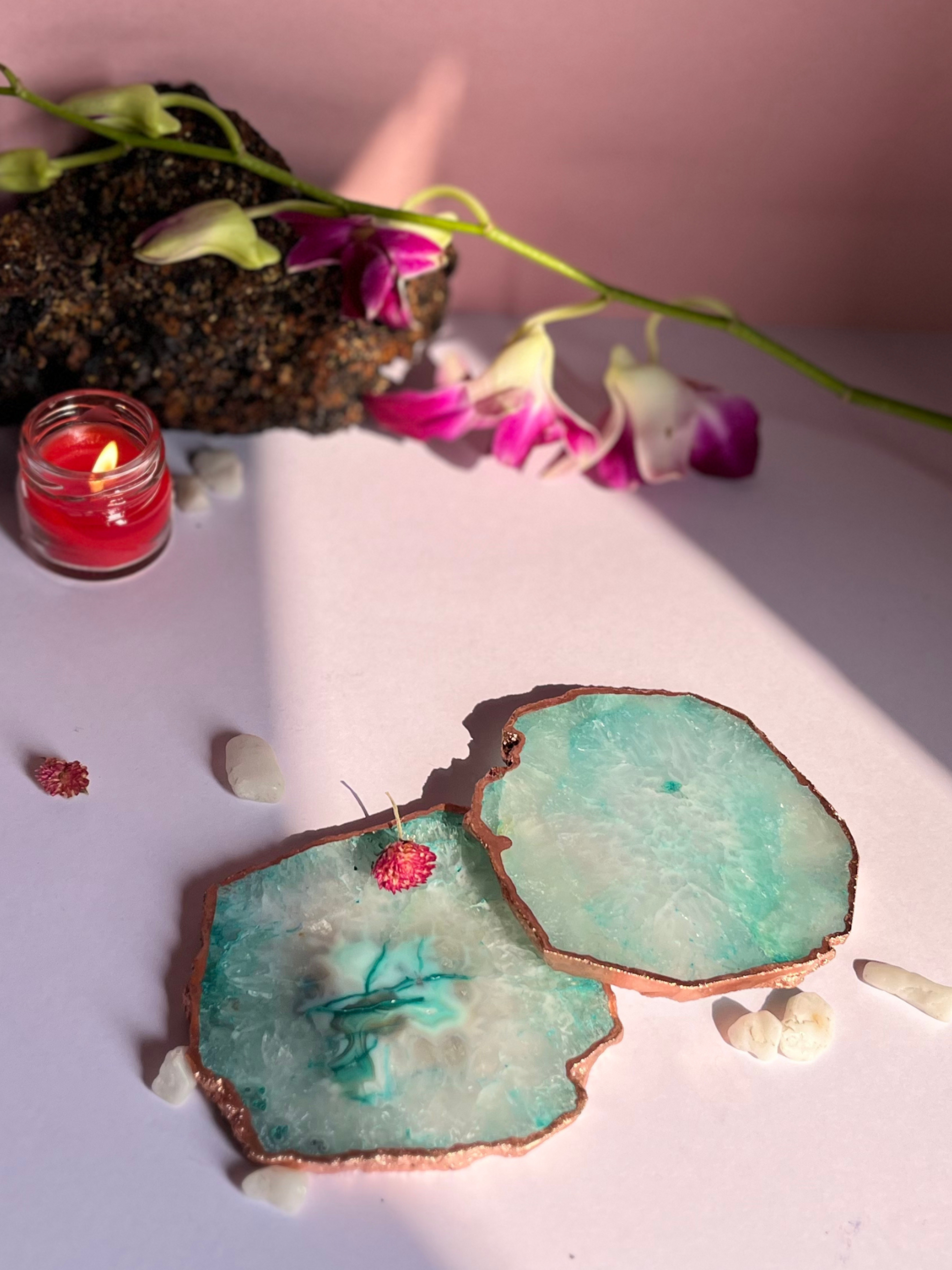 Crystal  Agate with Rose Gold Edging Coaster Set