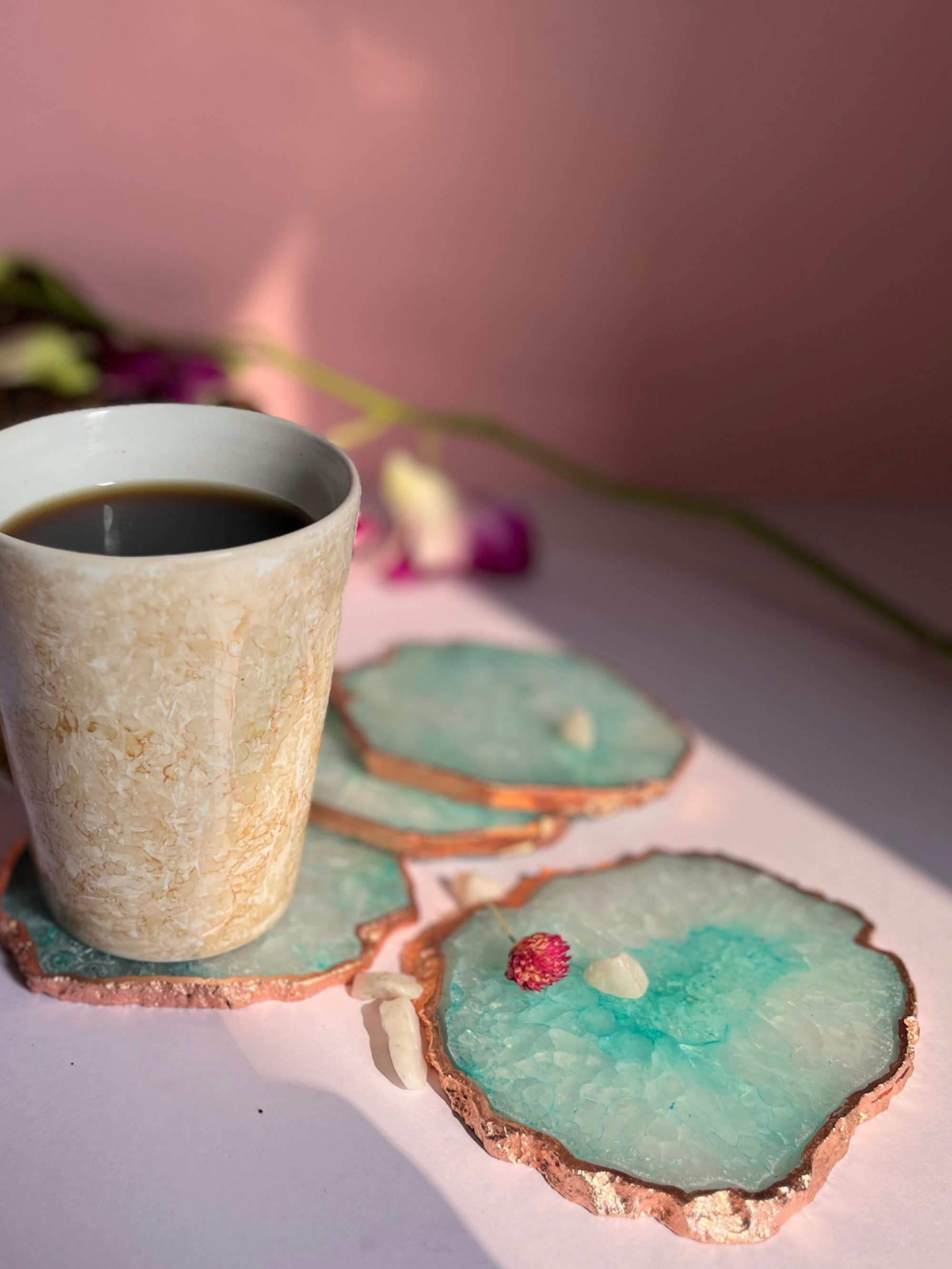 Crystal  Agate with Rose Gold Edging Coaster Set