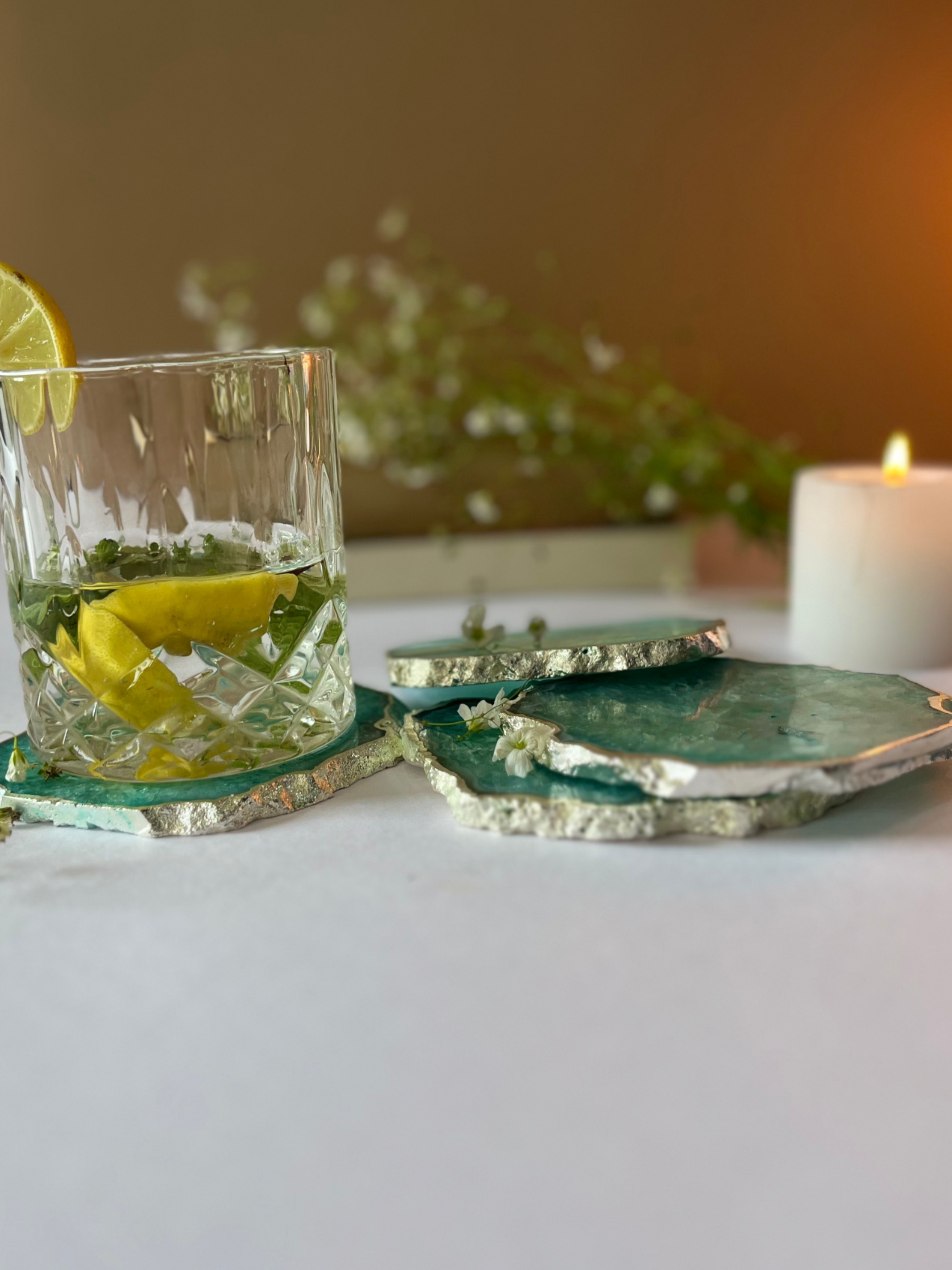 Crystal  Agate with Silver Plated Coasters Set