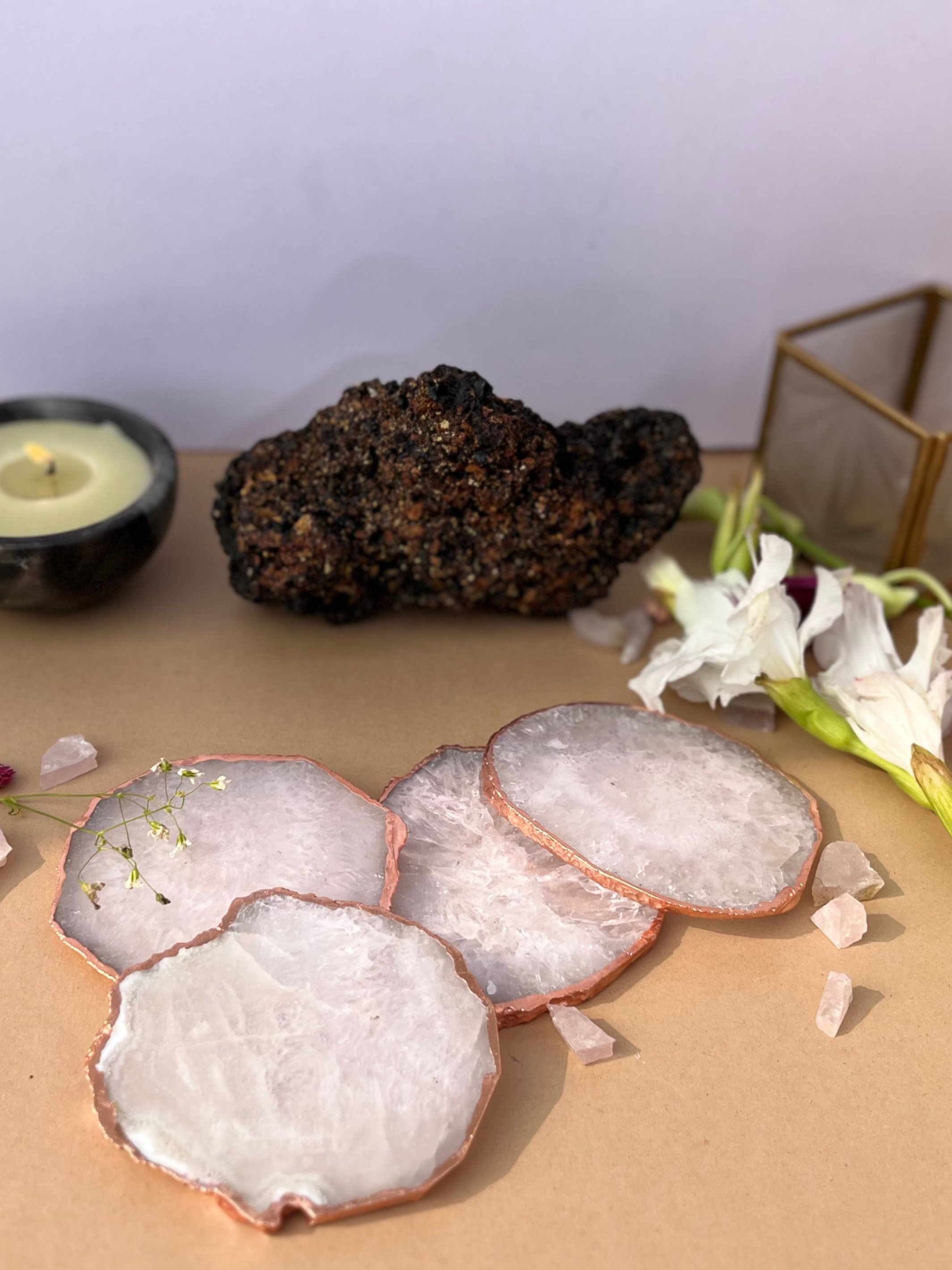 Crystal  Agate with Rose Gold Edging Coaster Set