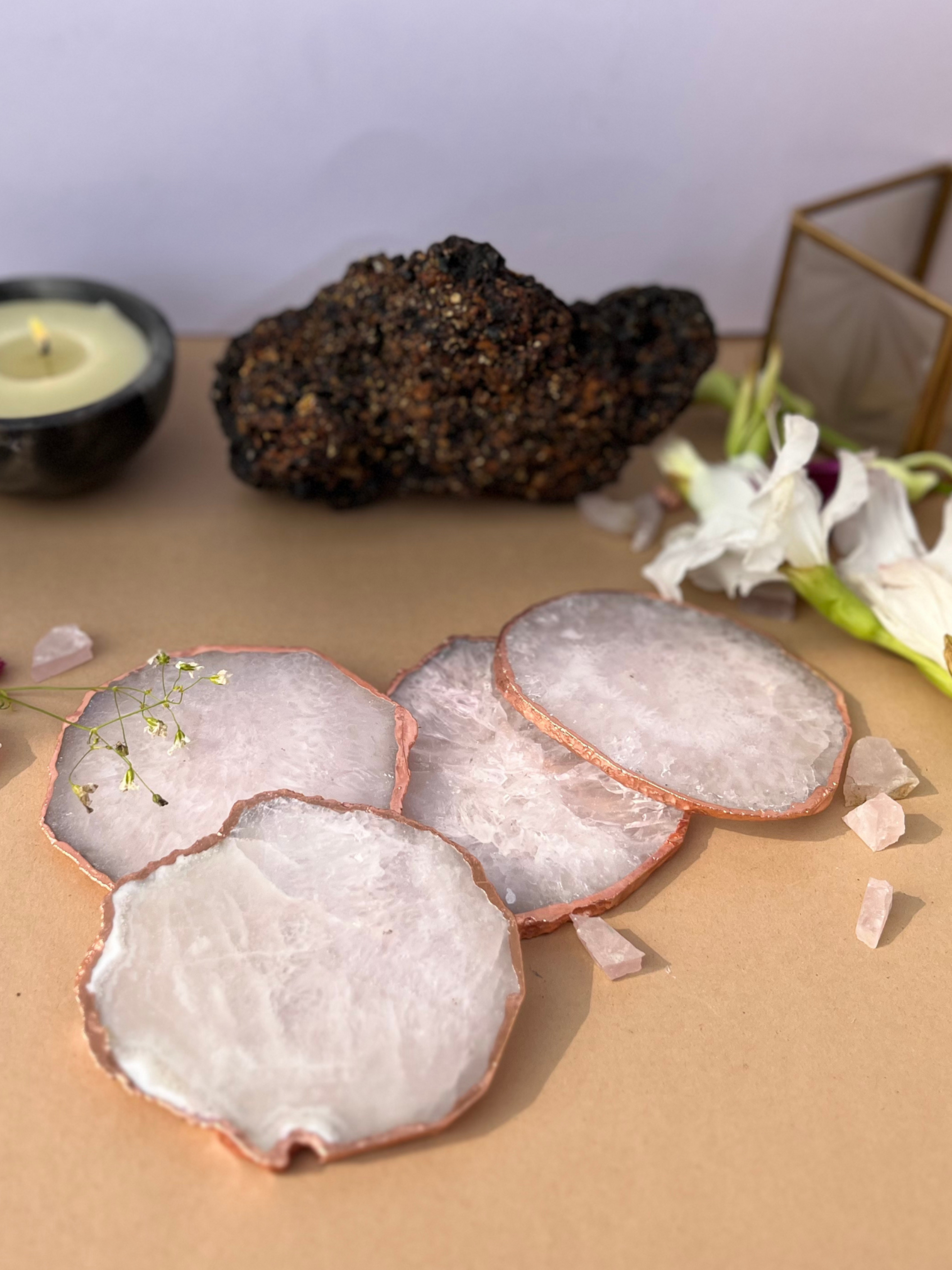 Crystal  Agate with Rose Gold Edging Coaster Set