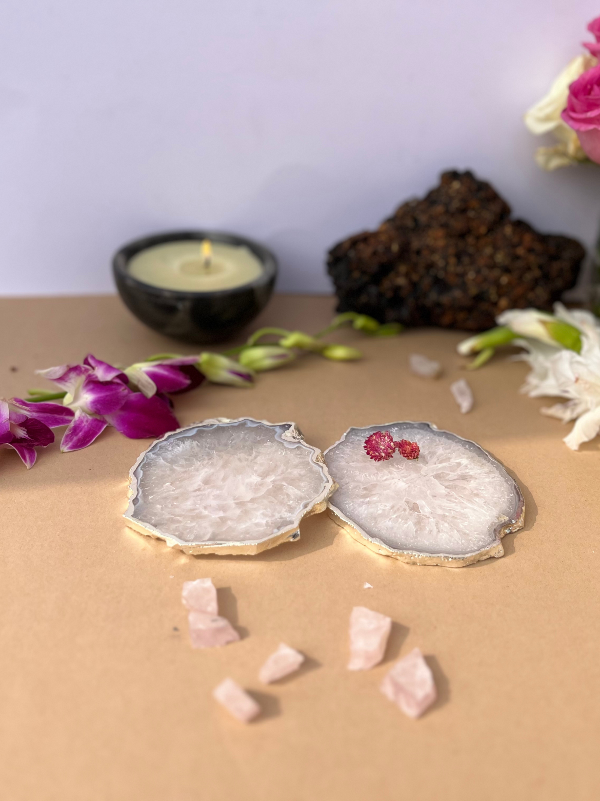 Crystal  Agate with Silver Plated Coasters Set