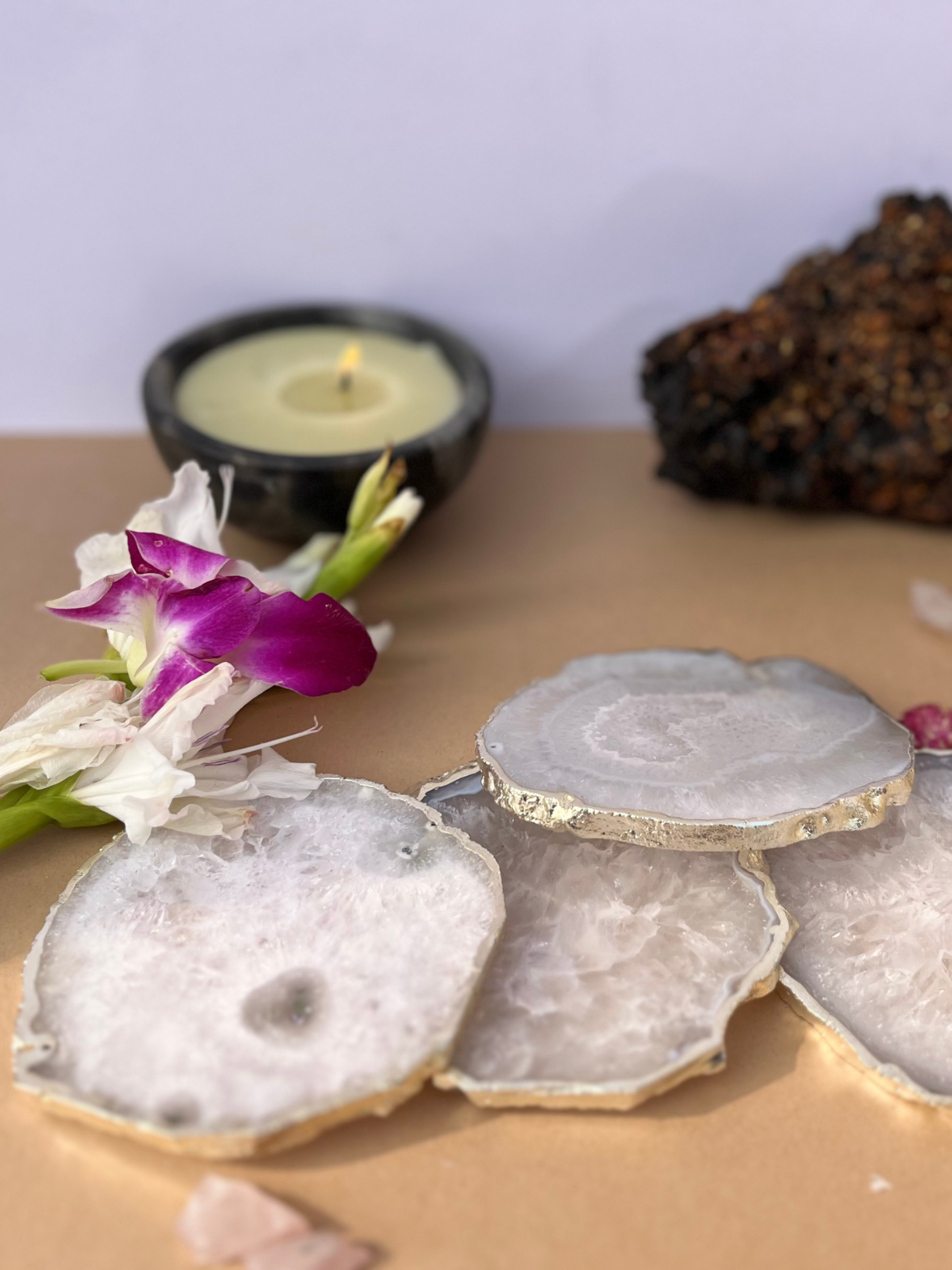 Crystal  Agate with Silver Plated Coasters Set