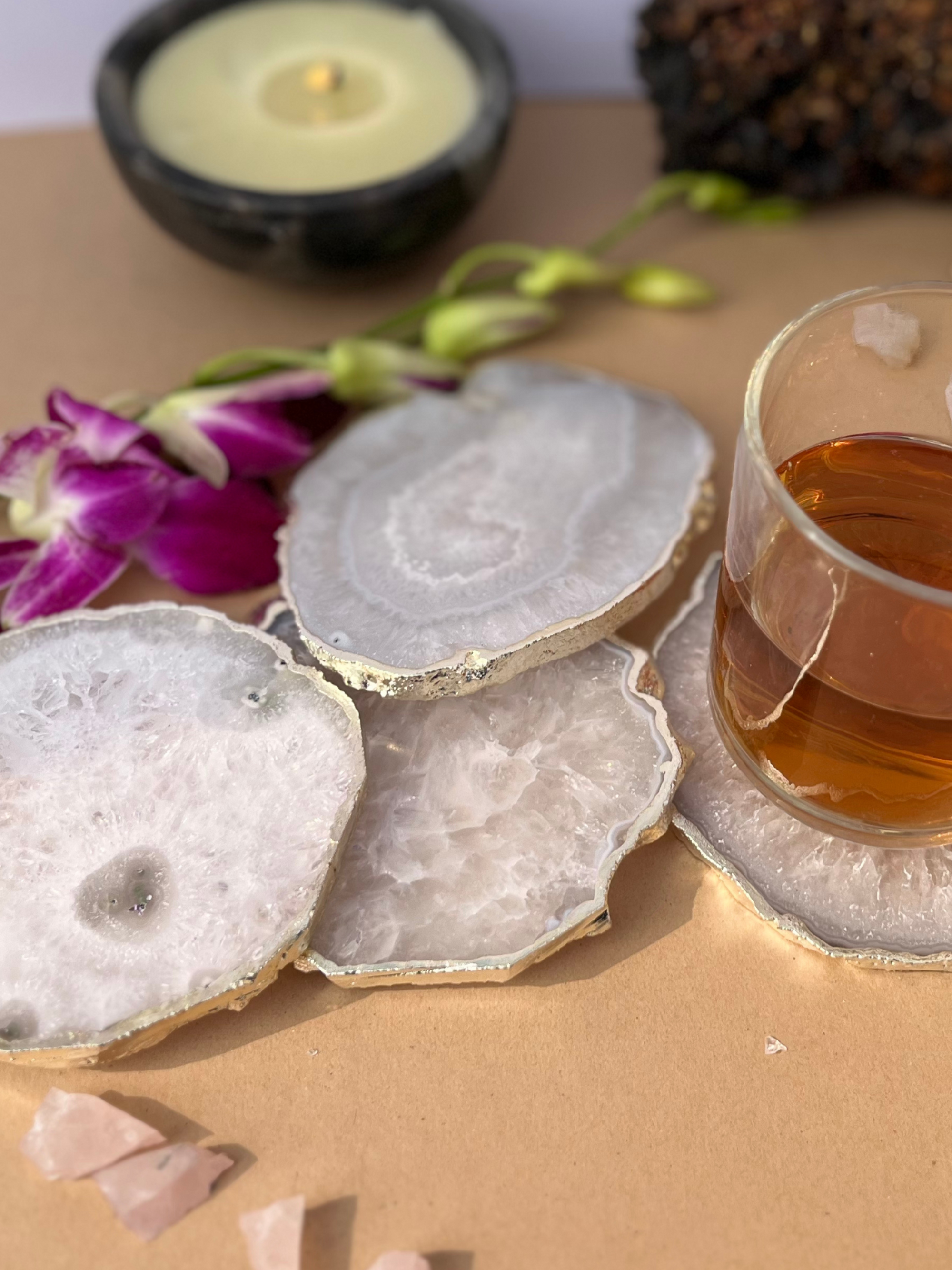 Crystal  Agate with Silver Plated Coasters Set