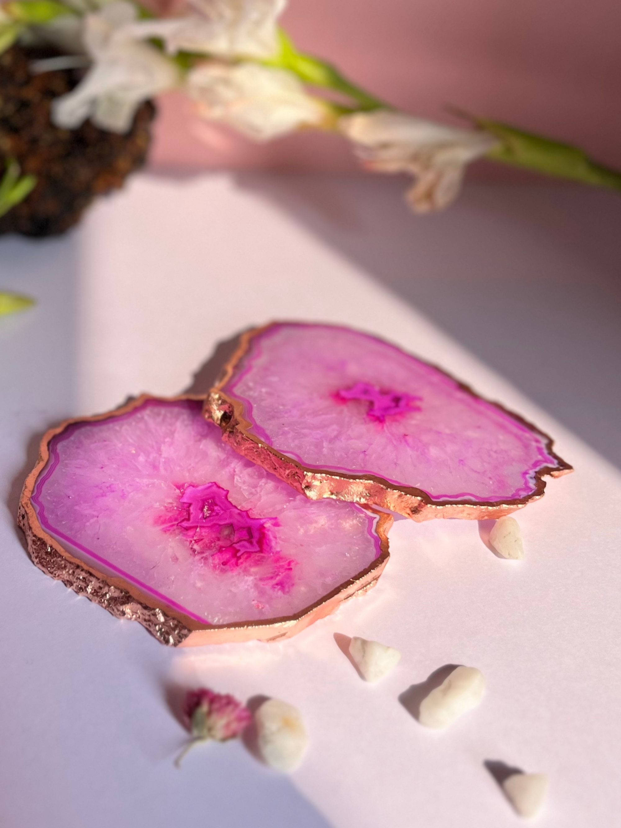 Crystal  Agate with Rose Gold Edging Coaster Set