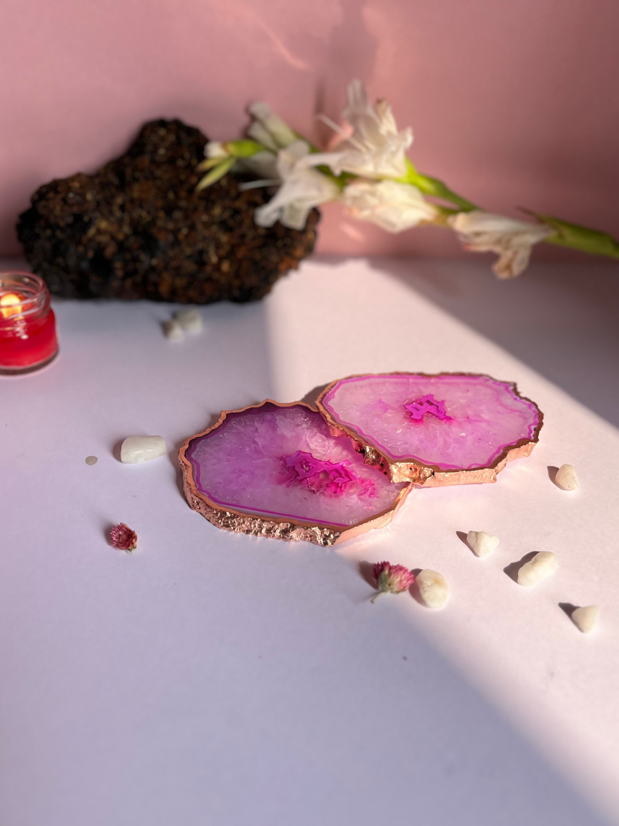 Crystal  Agate with Rose Gold Edging Coaster Set