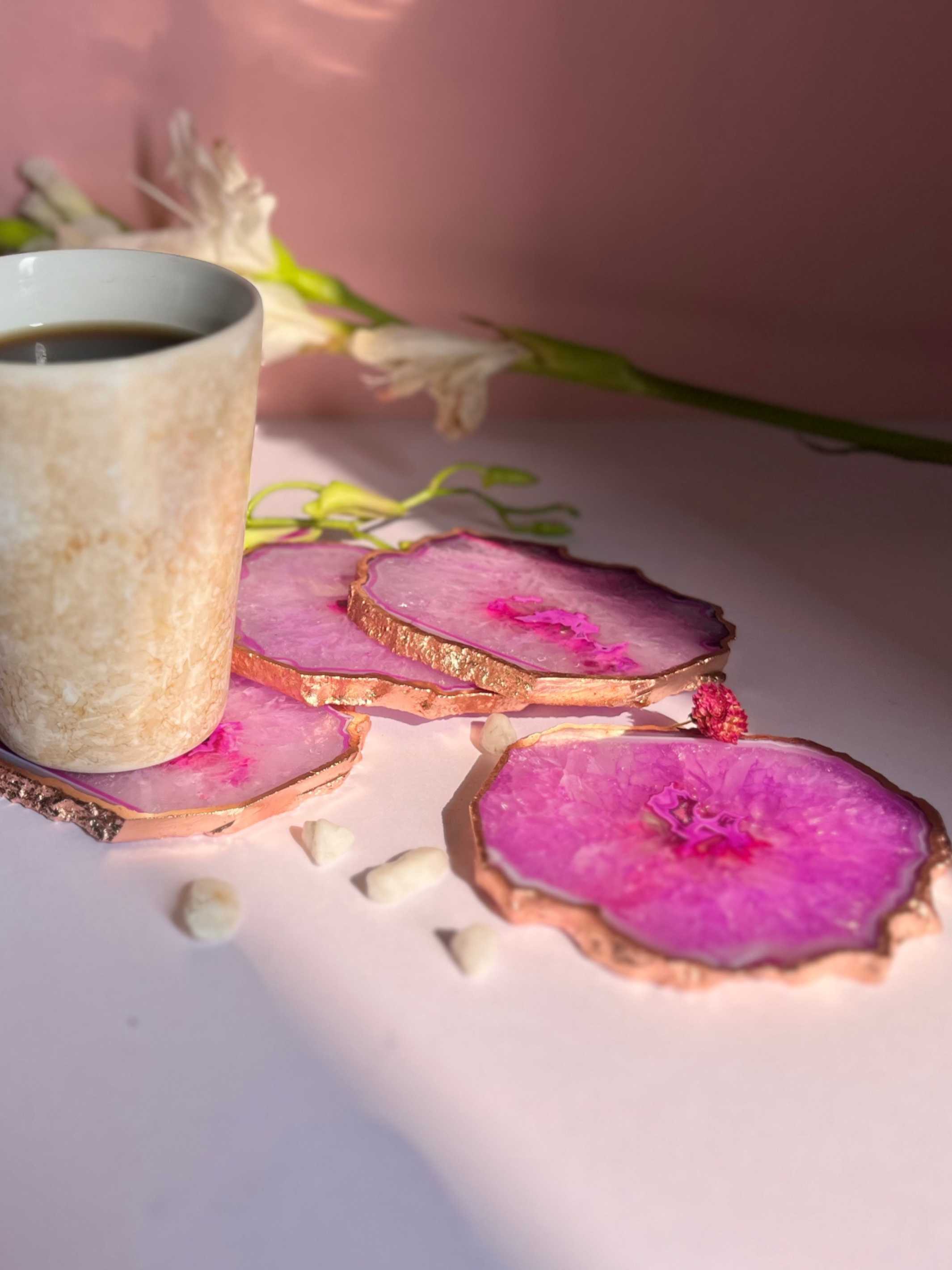 Crystal  Agate with Rose Gold Edging Coaster Set