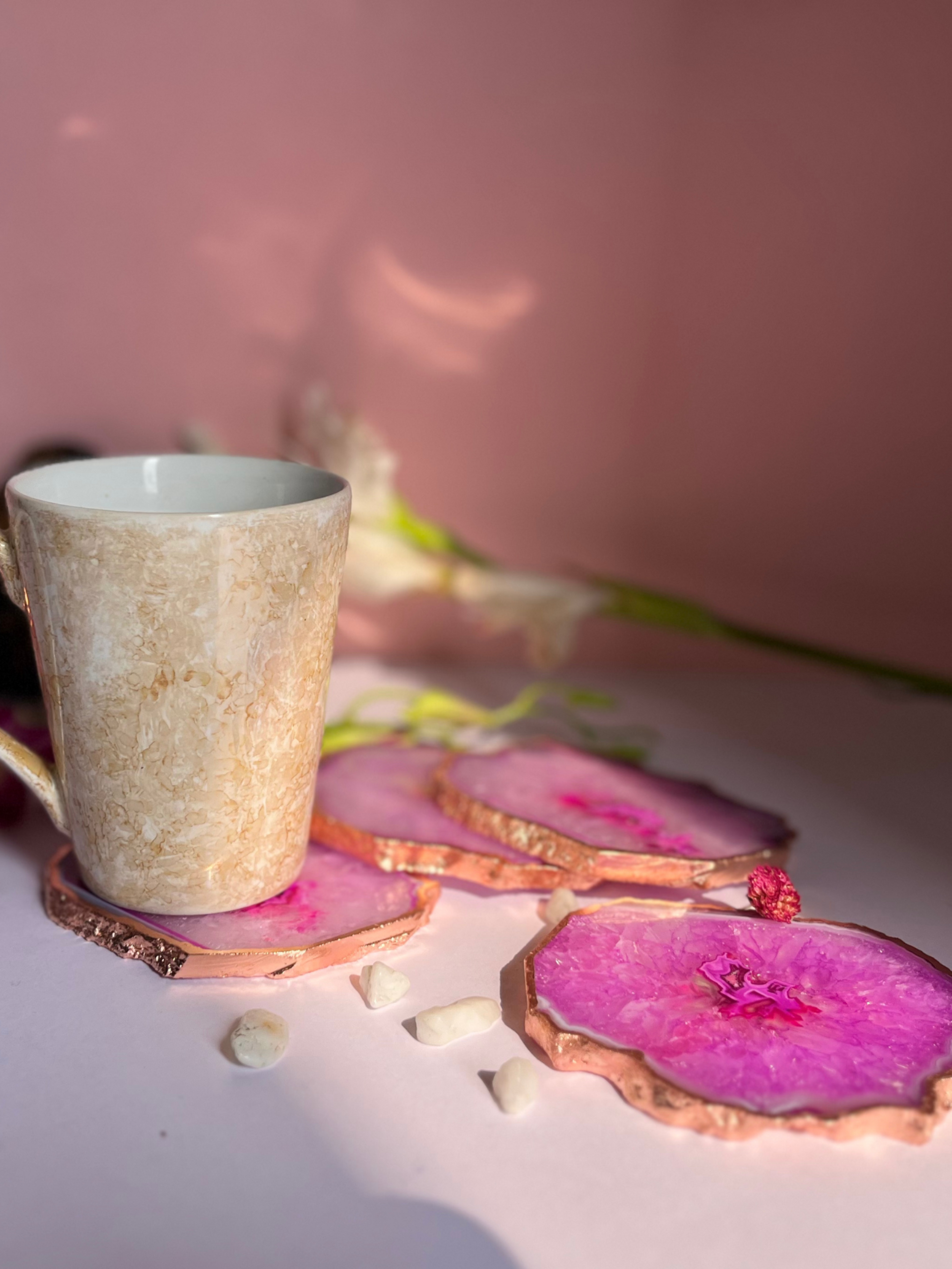Crystal  Agate with Rose Gold Edging Coaster Set
