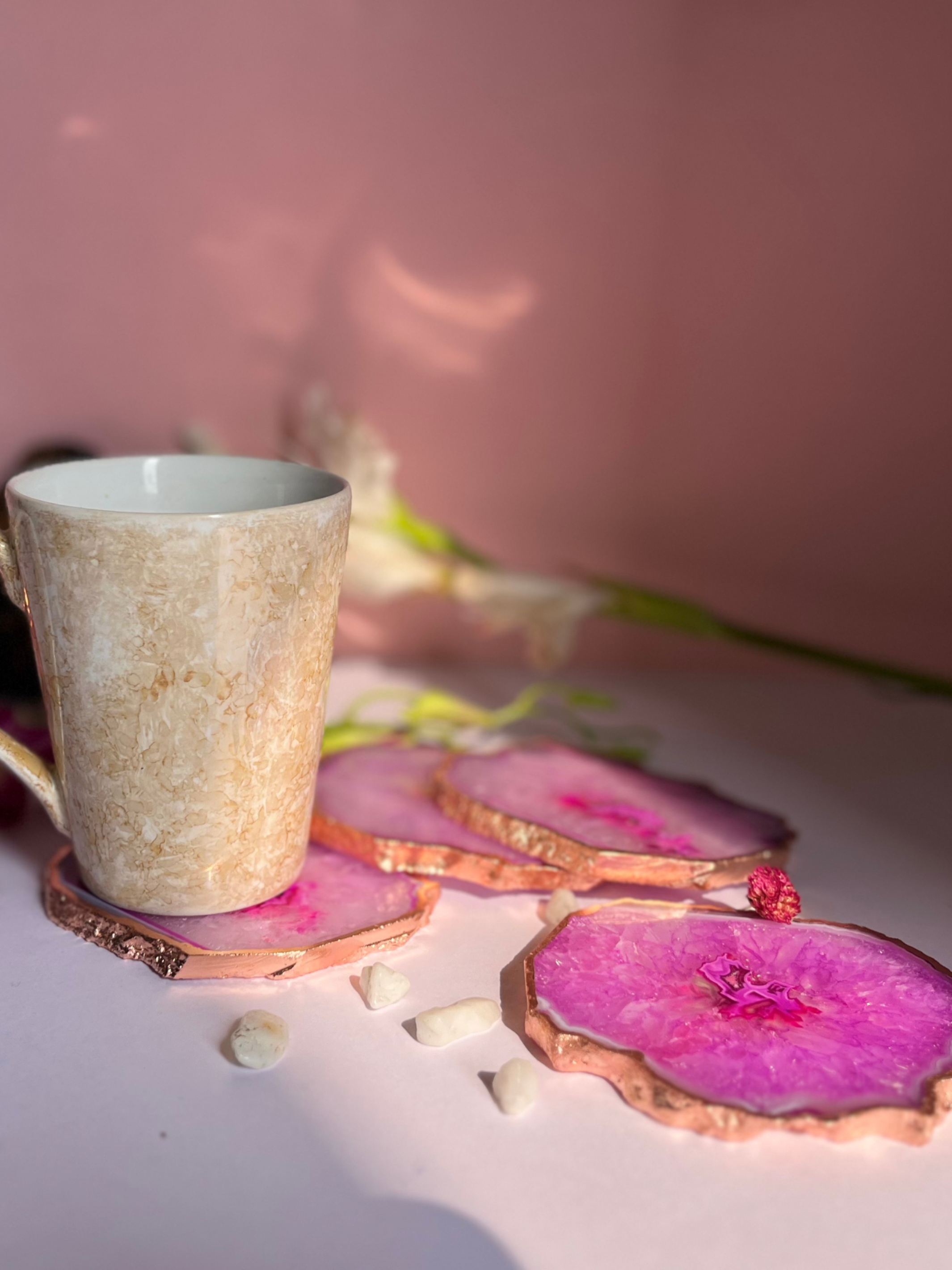 Crystal  Agate with Rose Gold Edging Coaster Set