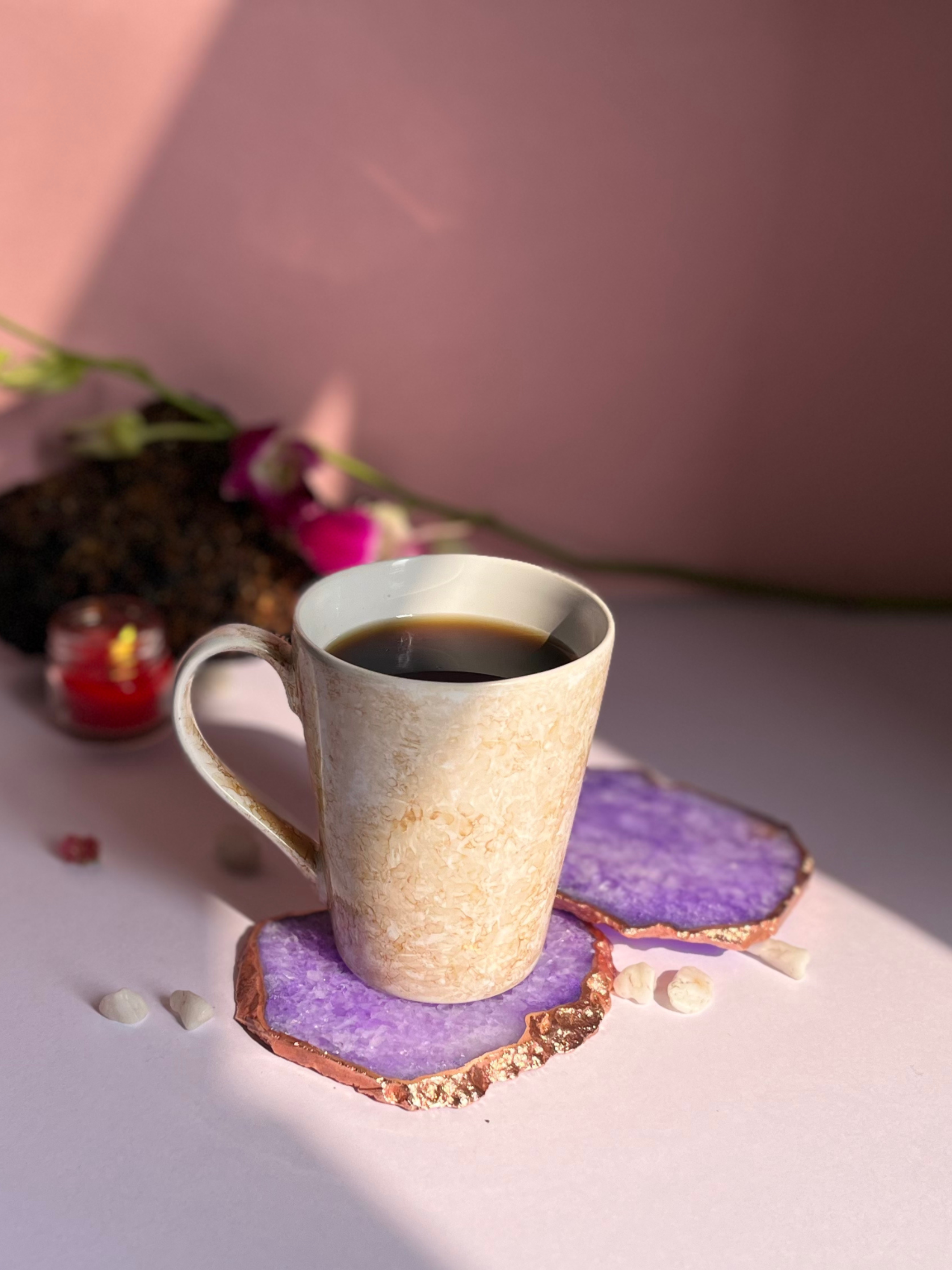 Crystal  Agate with Rose Gold Edging Coaster Set