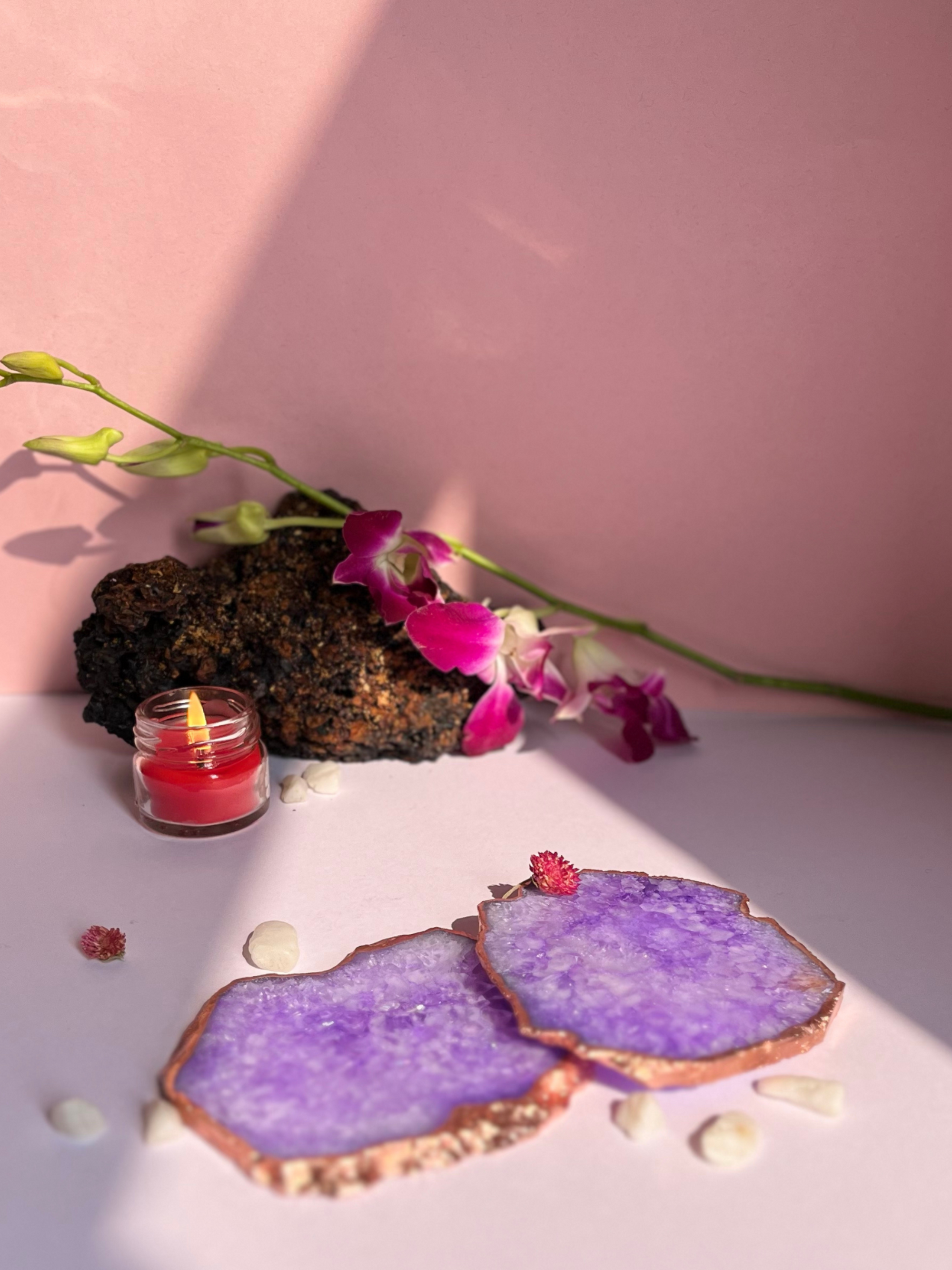 Crystal  Agate with Rose Gold Edging Coaster Set