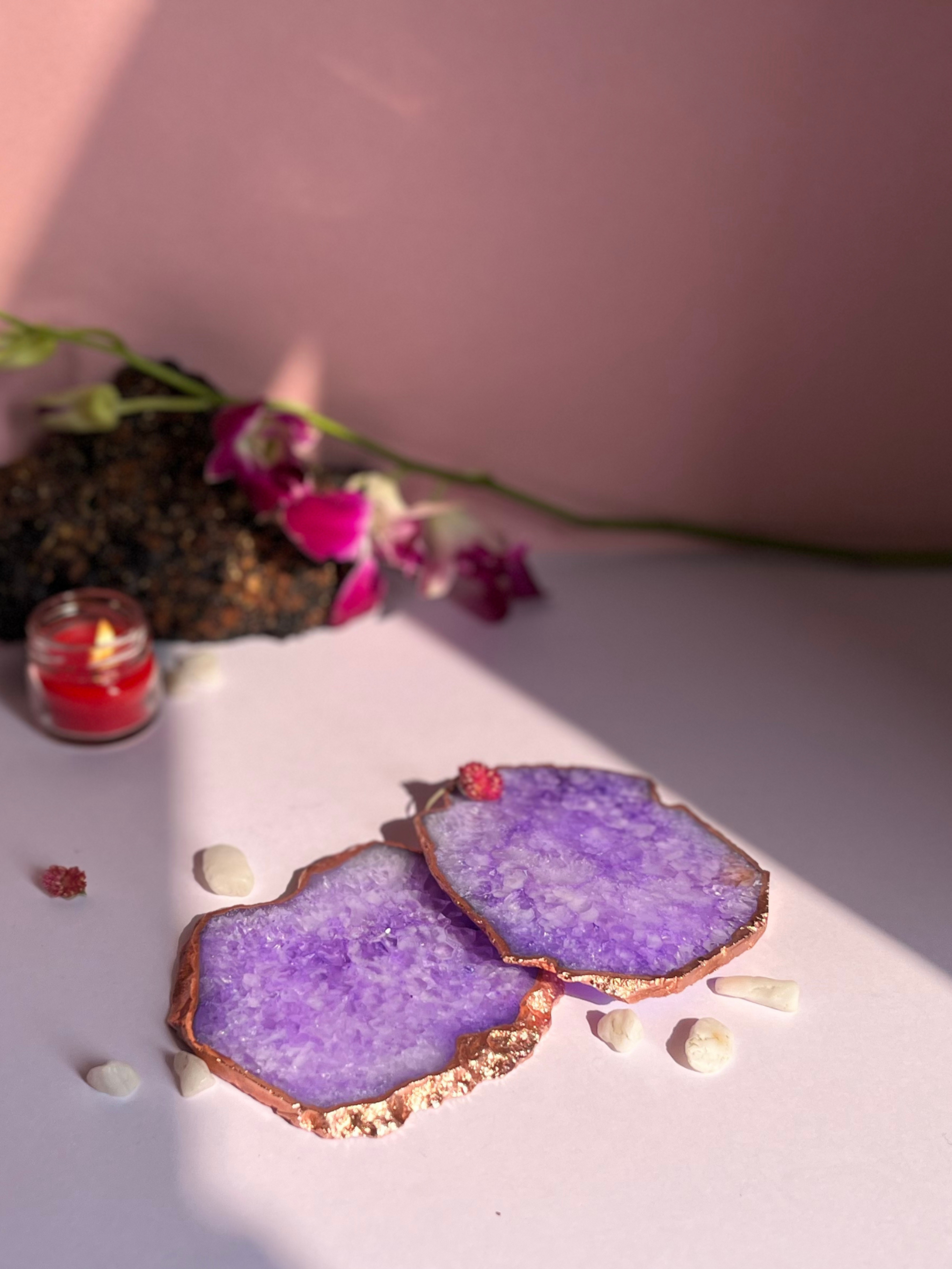 Crystal  Agate with Rose Gold Edging Coaster Set