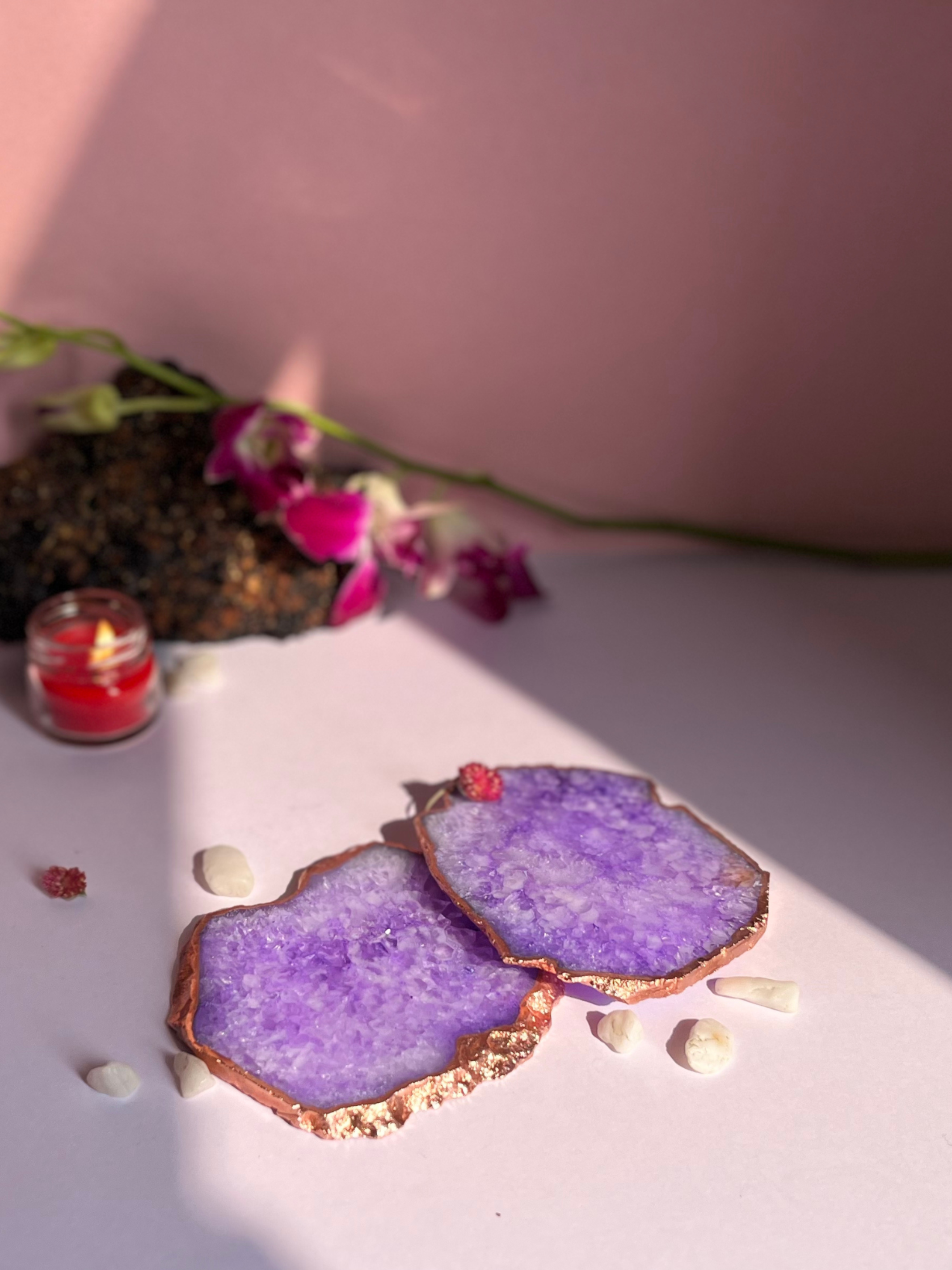 Crystal  Agate with Rose Gold Edging Coaster Set