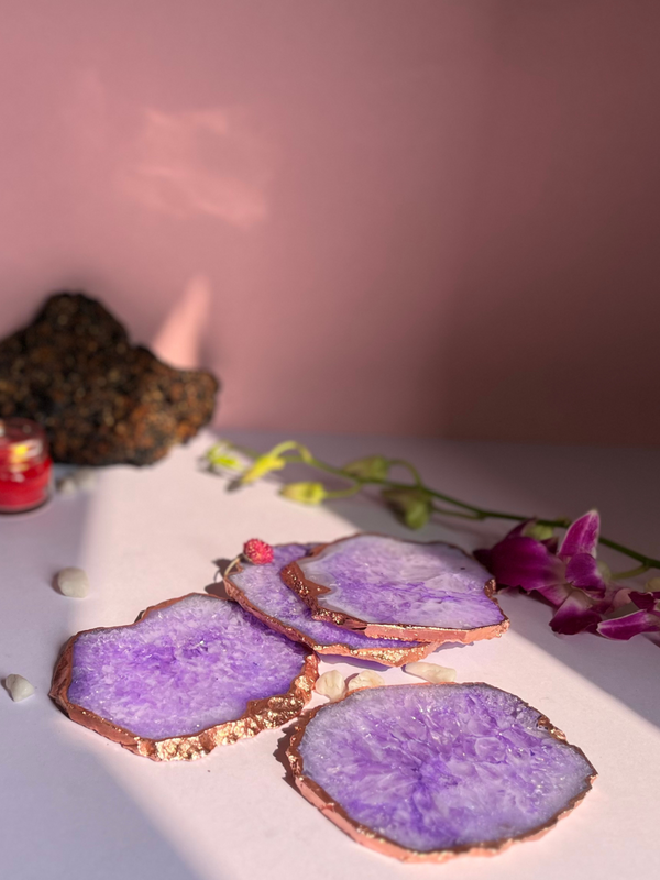 Crystal  Agate with Rose Gold Edging Coaster Set