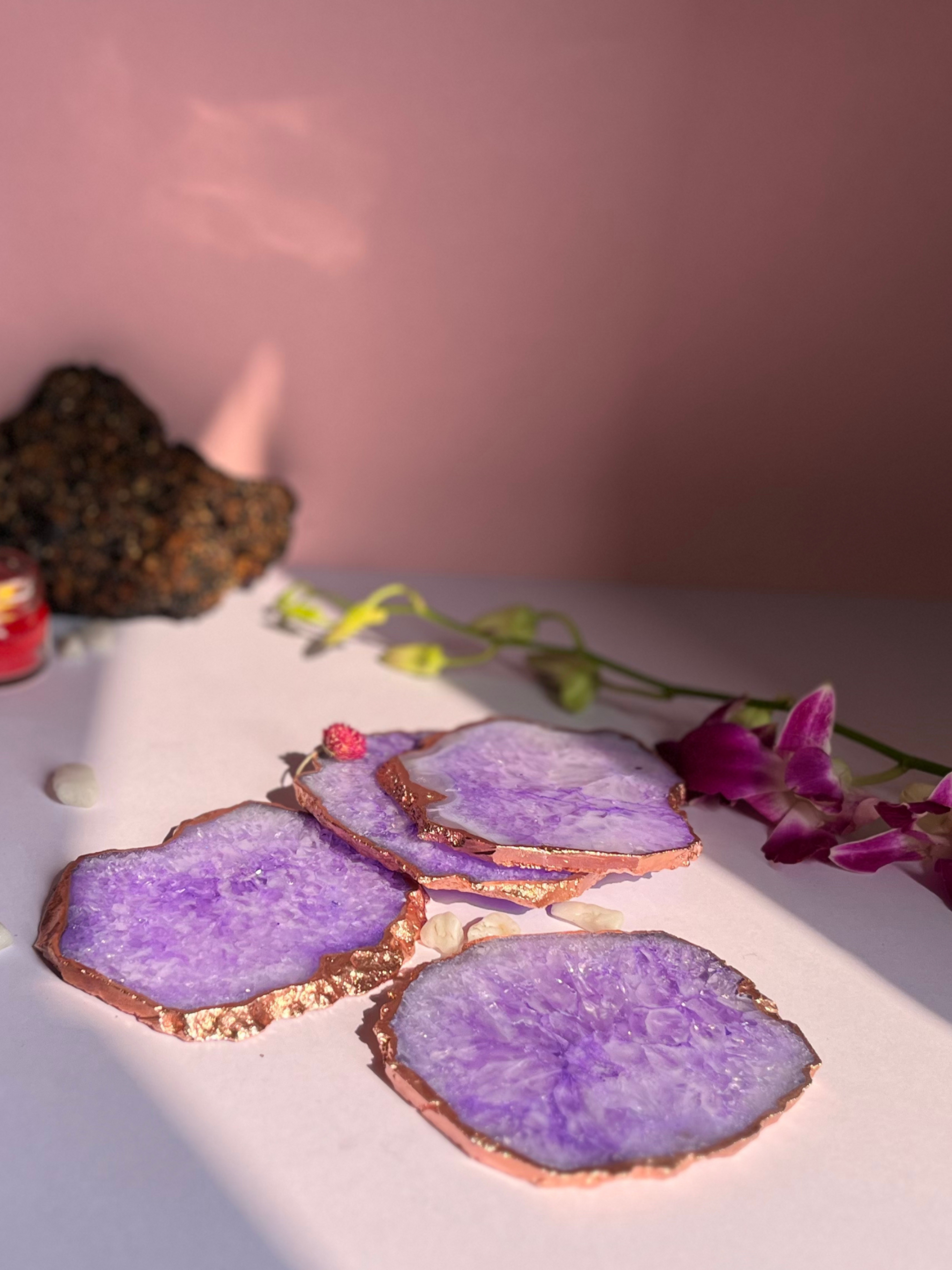 Crystal  Agate with Rose Gold Edging Coaster Set