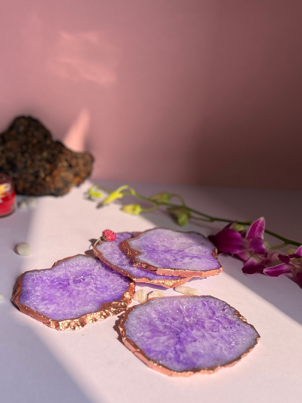 Crystal  Agate with Rose Gold Edging Coaster Set