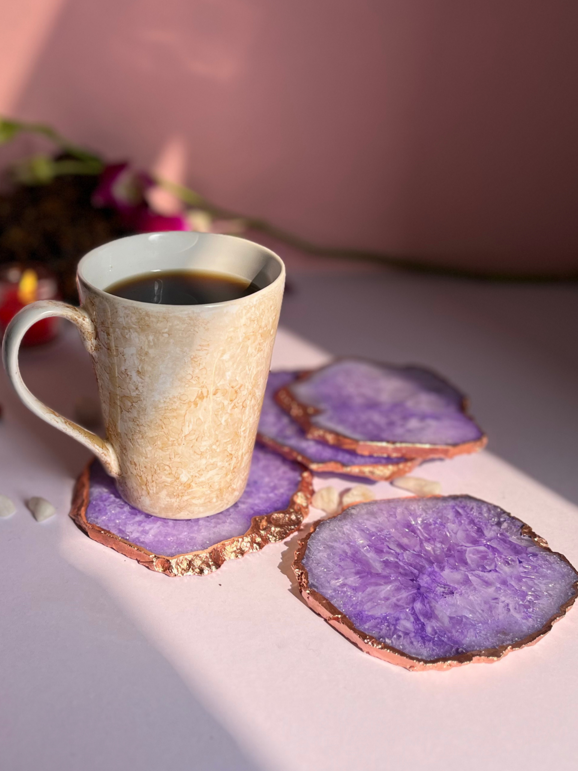 Crystal  Agate with Rose Gold Edging Coaster Set