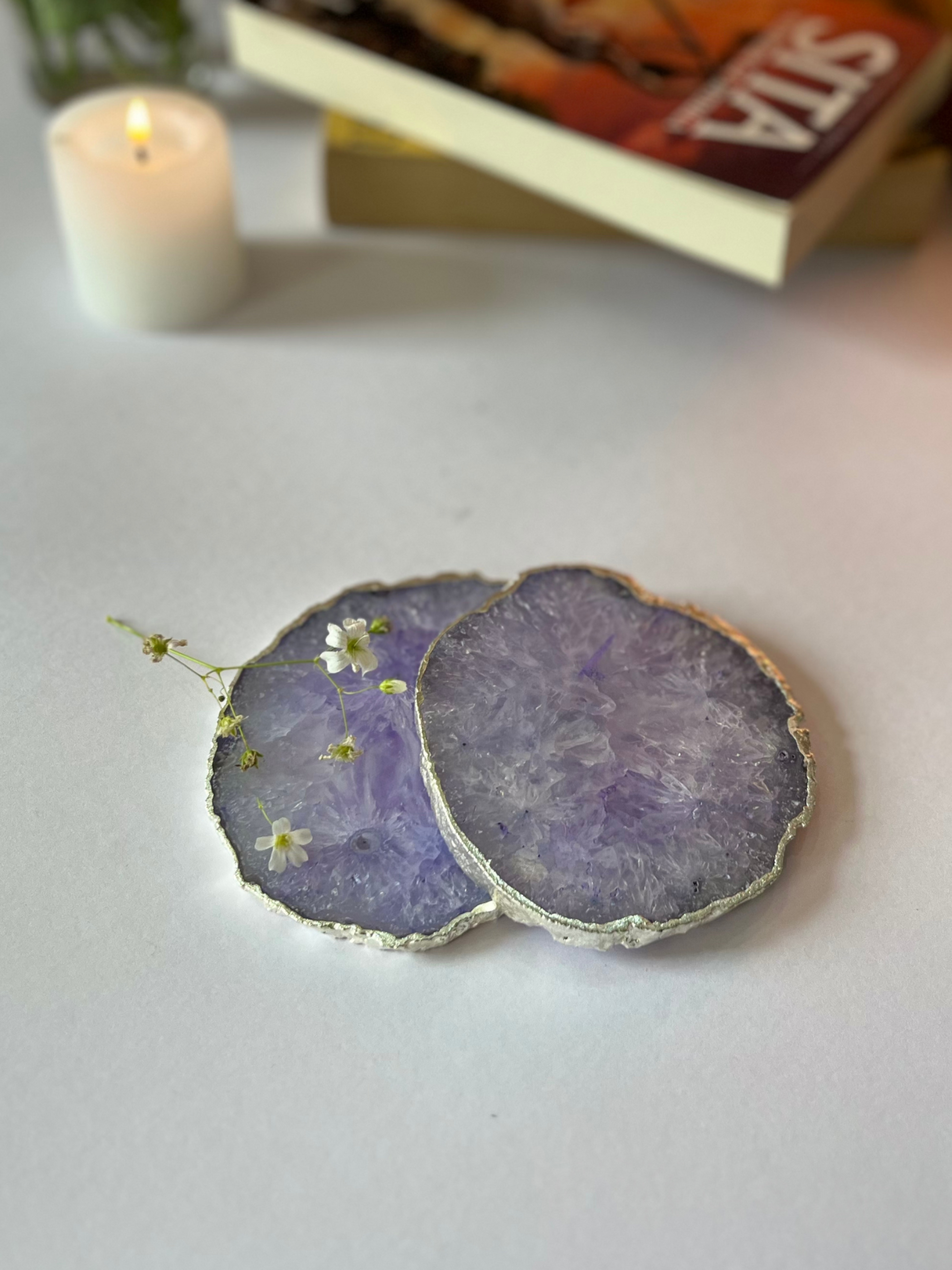 Crystal  Agate with Silver Plated Coasters Set