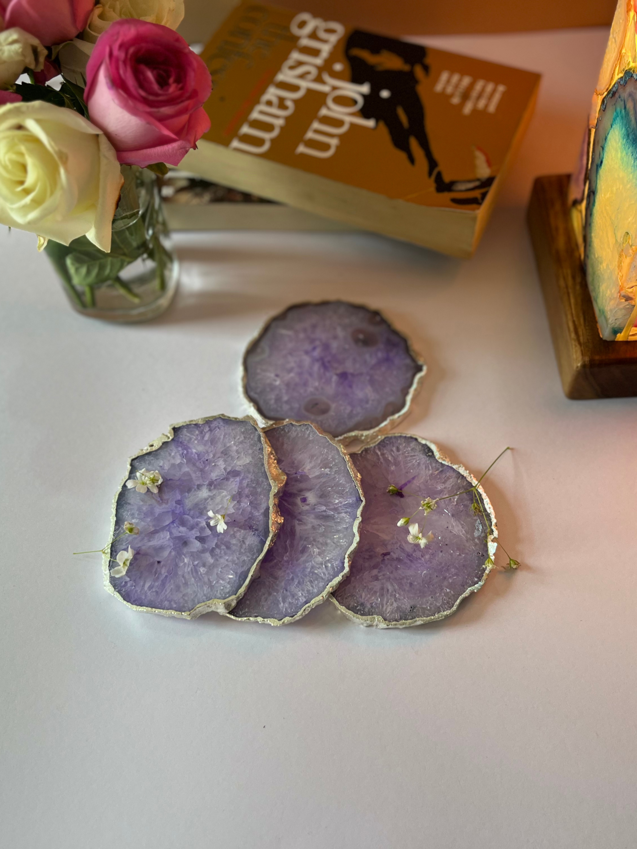 Crystal  Agate with Silver Plated Coasters Set