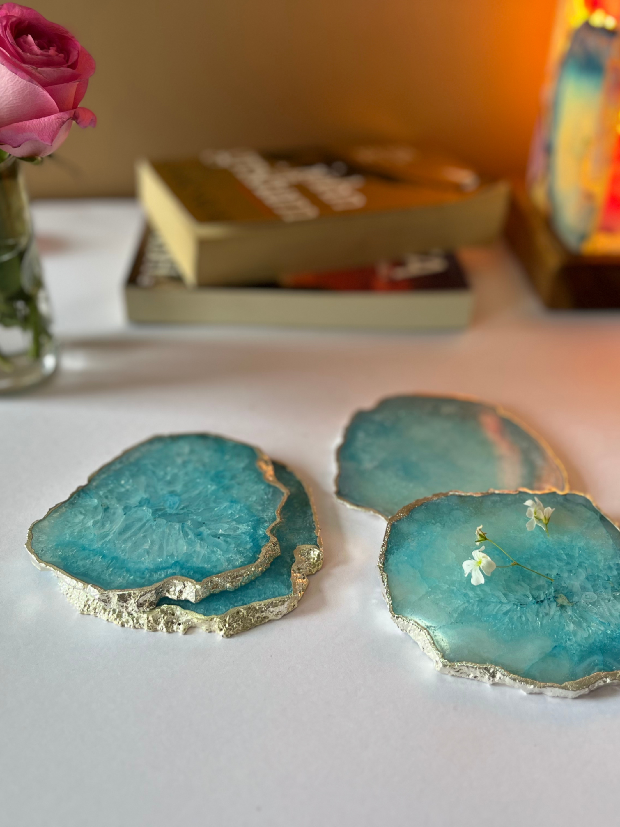 Crystal  Agate with Silver Plated Coasters Set