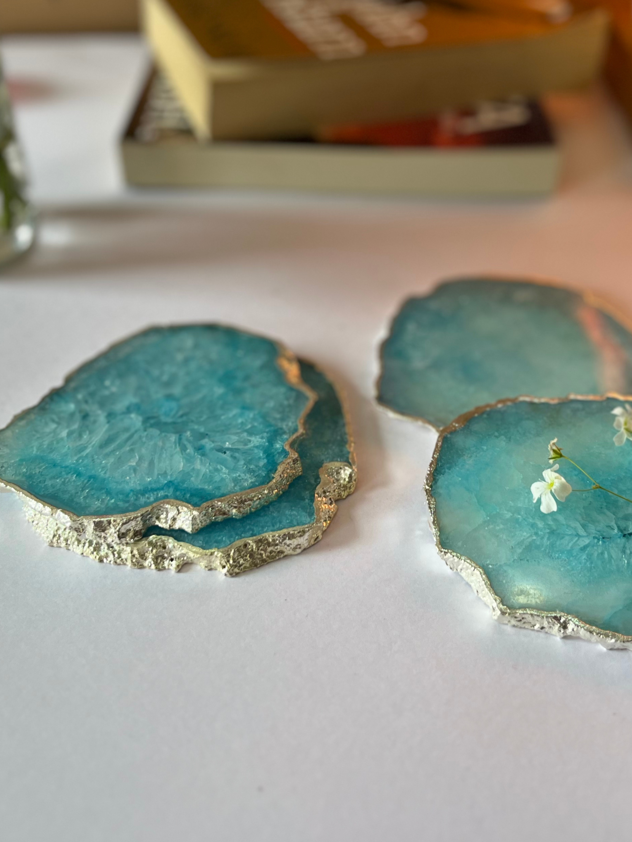 Crystal  Agate with Silver Plated Coasters Set