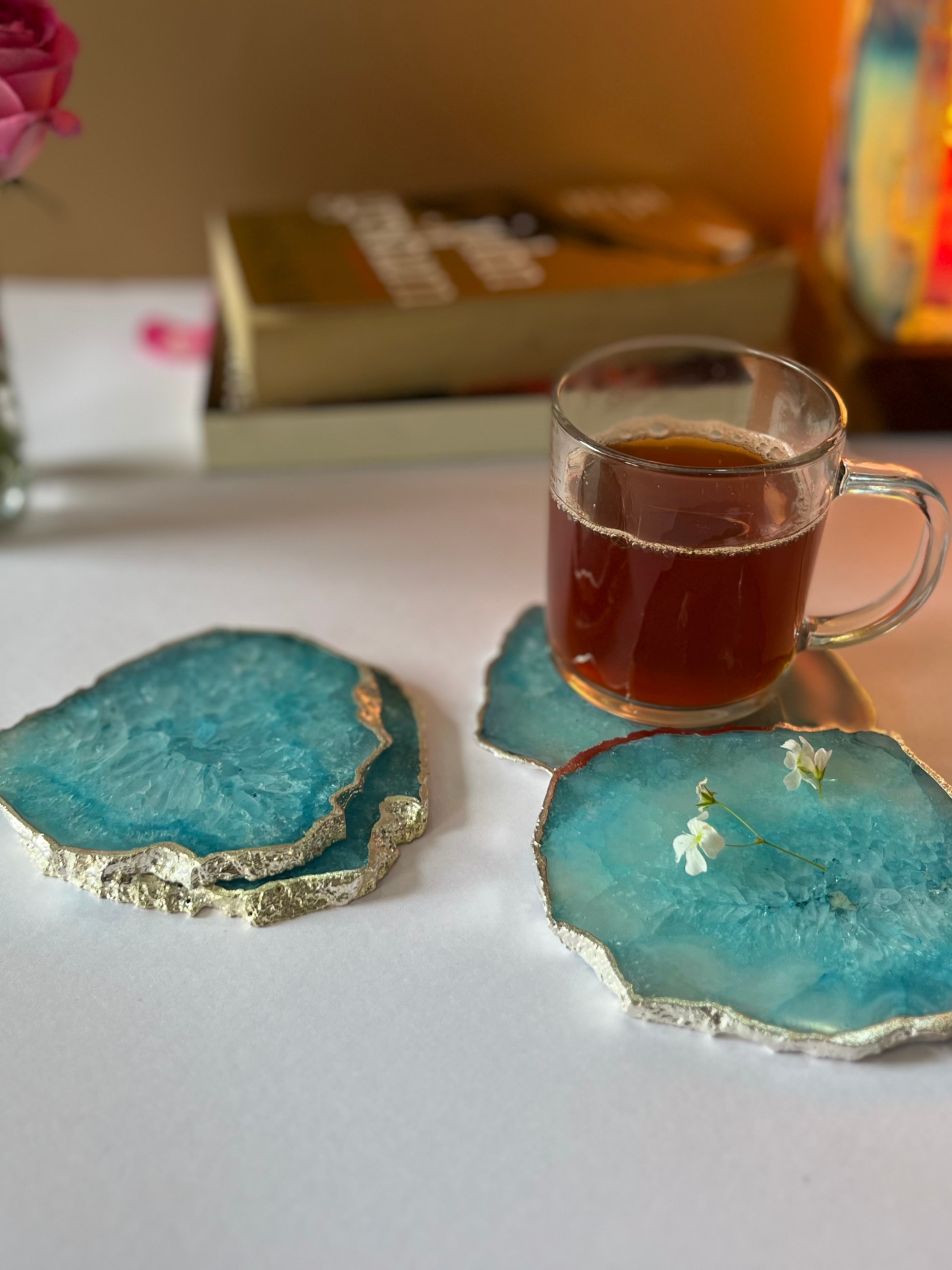 Crystal  Agate with Silver Plated Coasters Set