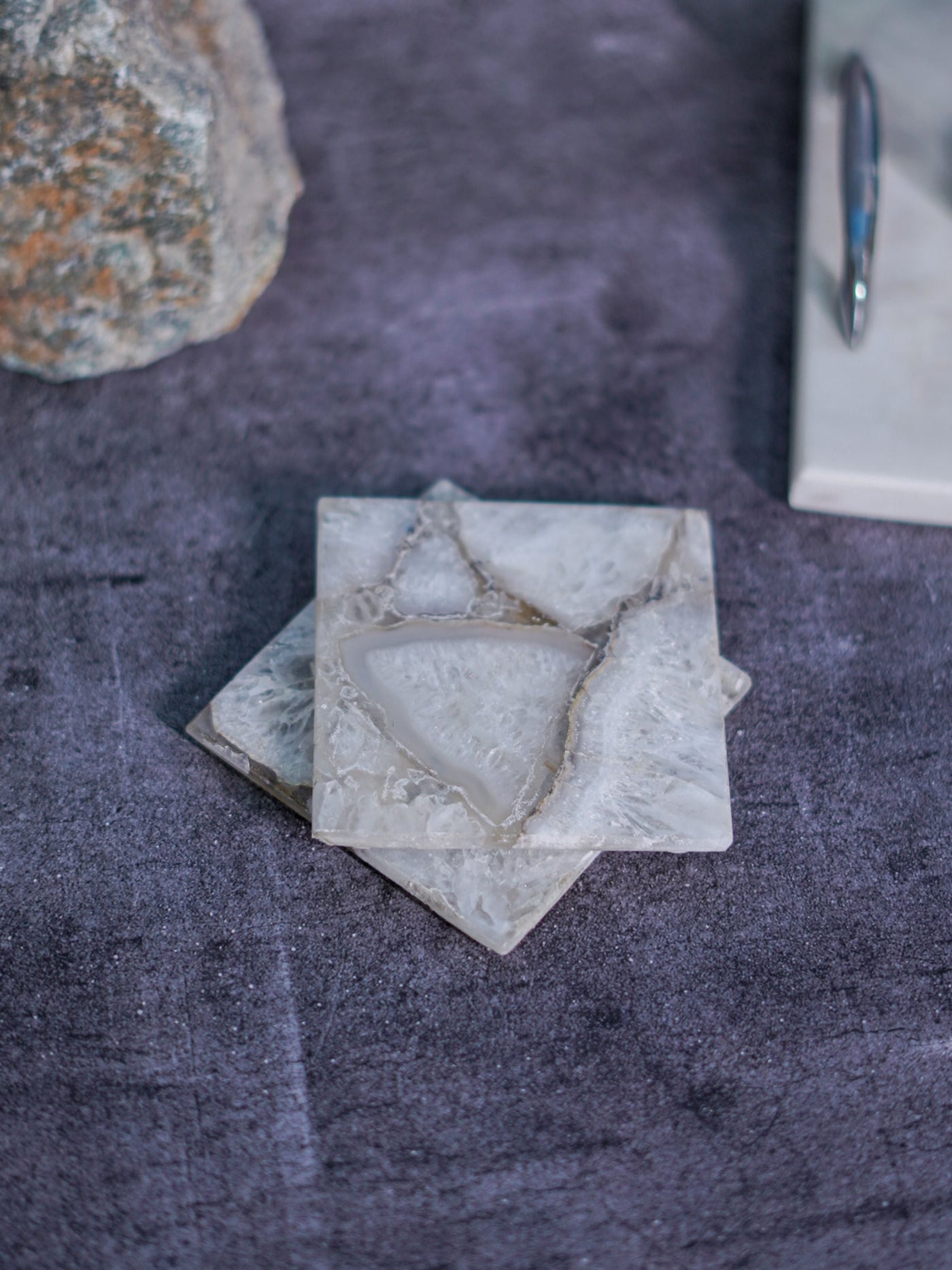 Coaster Set of 2 - Crystal Agate White Stone