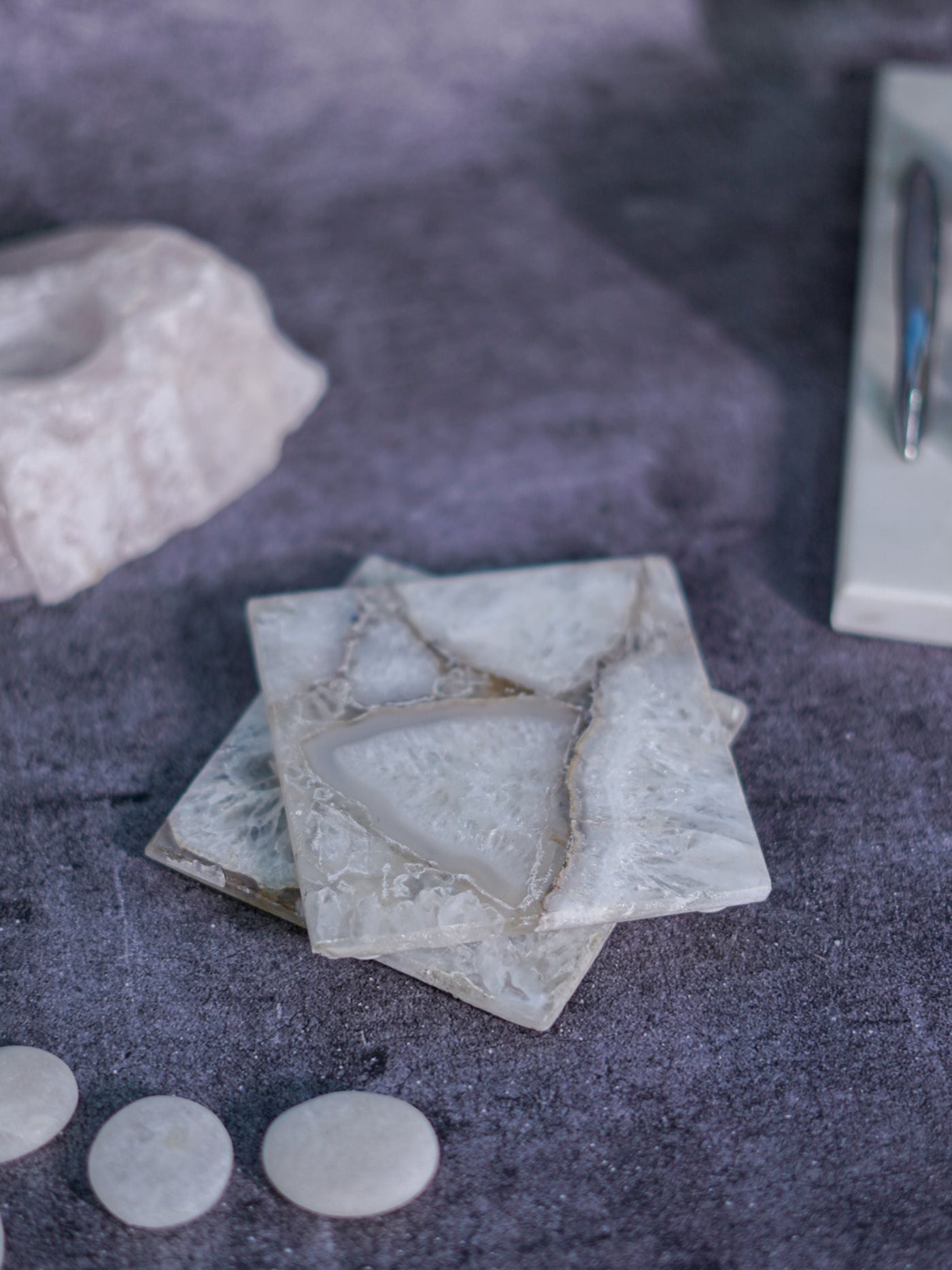Coaster Set of 2 - Crystal Agate White Stone