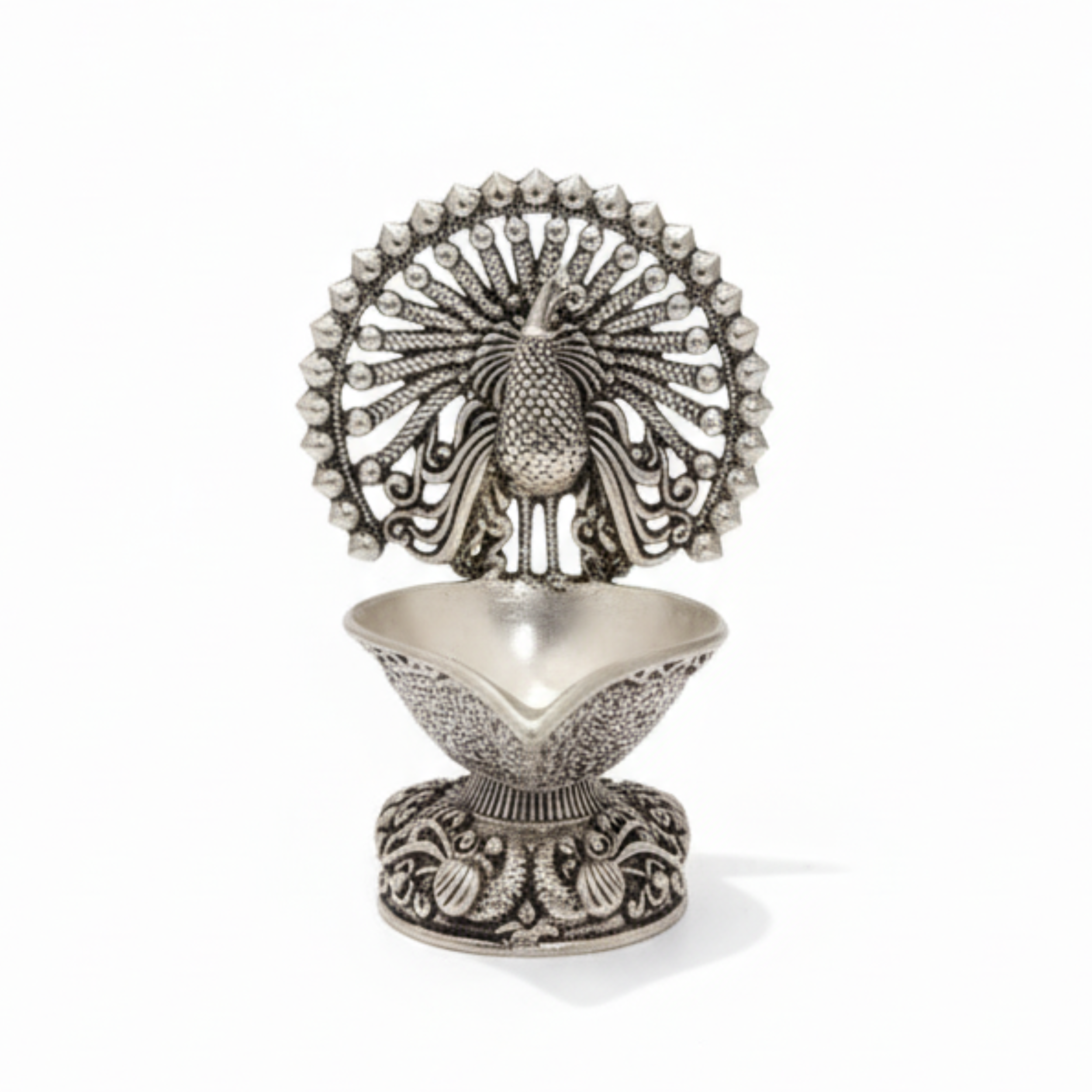 Elegant Silver Peacock Diya – Handcrafted Decorative Oil Lamp