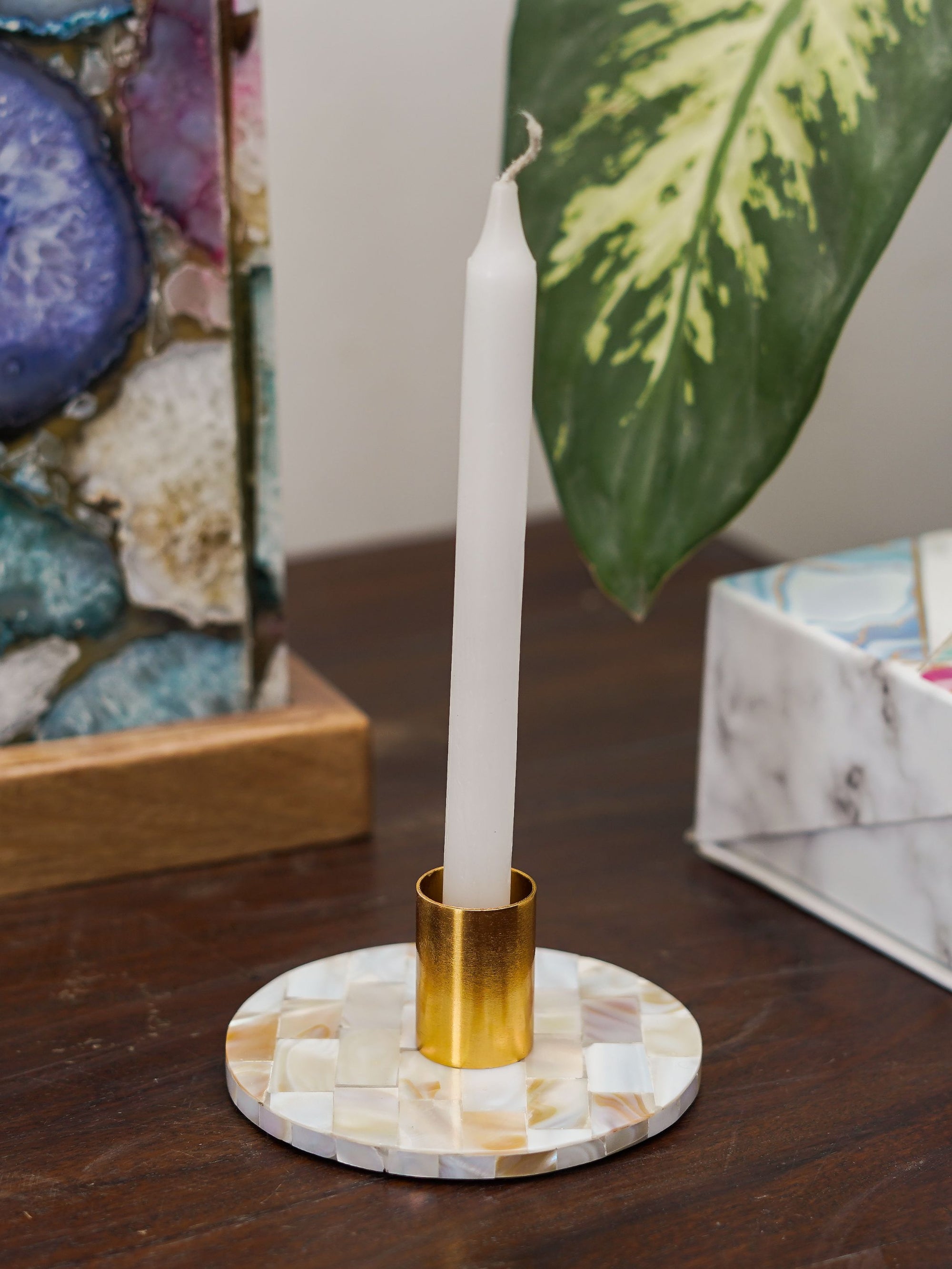 Taper Candle Holder - Round Mother of Pearl
